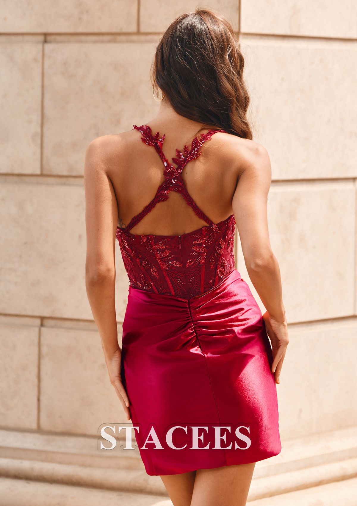 Bordeaux Fourreau cache coeur soie comme du satin courte/mini robe de fête de la rentrée - STACEES