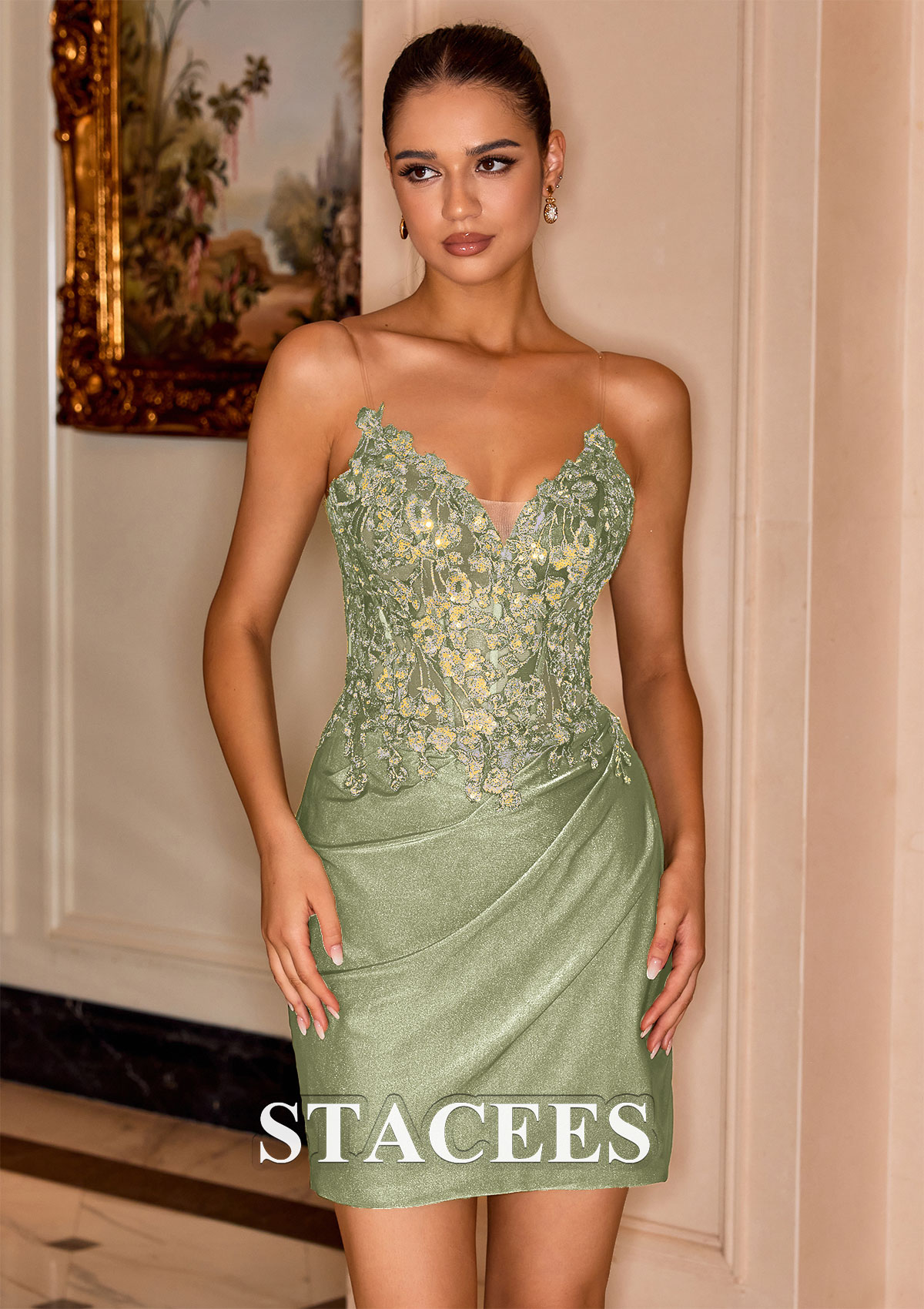 As Picture Sheath/Column V Neck Short/Mini Silk like Satin Homecoming Dress with Appliqued Sequins - STACEES