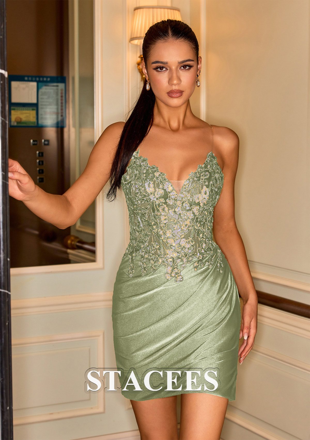 As Picture Sheath/Column V Neck Short/Mini Silk like Satin Homecoming Dress with Appliqued Sequins - STACEES