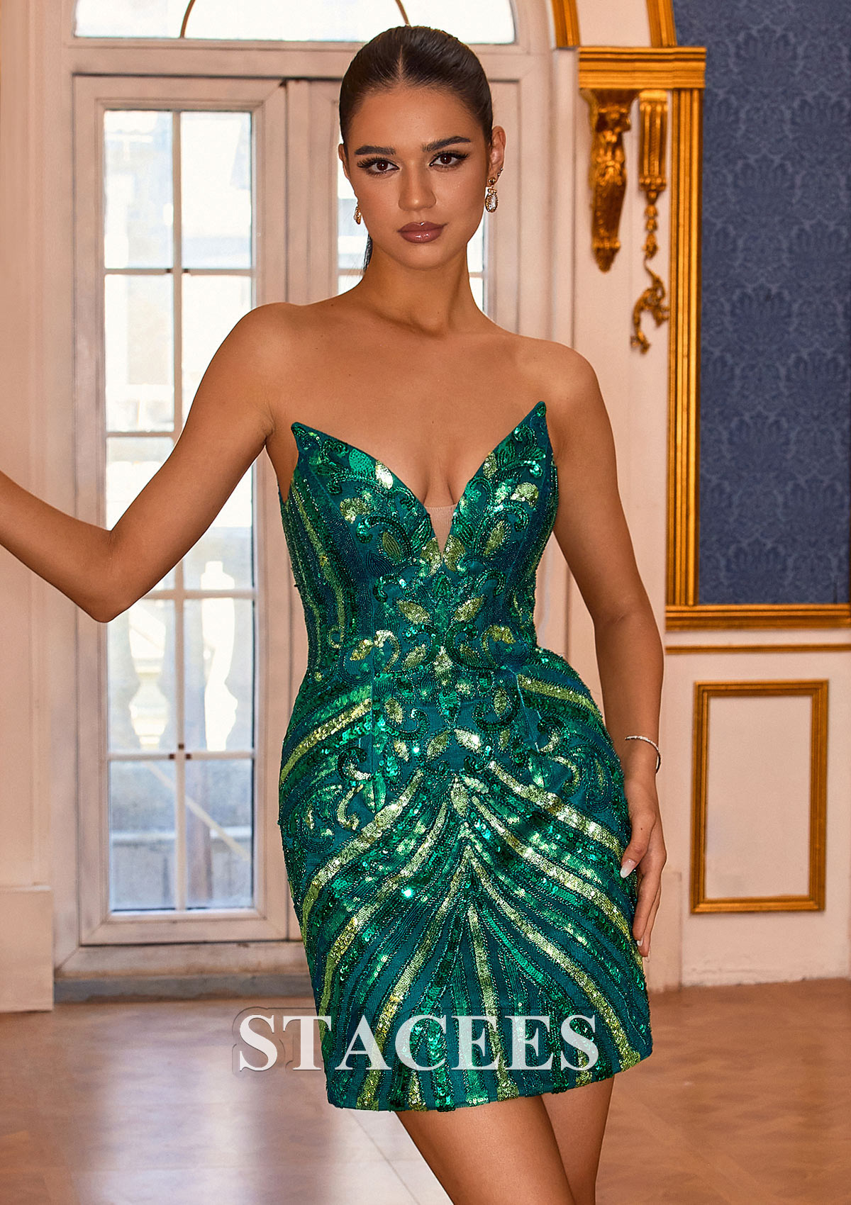 Vert Foncé Fourreau Col en V Paillettes Courte/Mini Robe de fête de la rentrée - STACEES