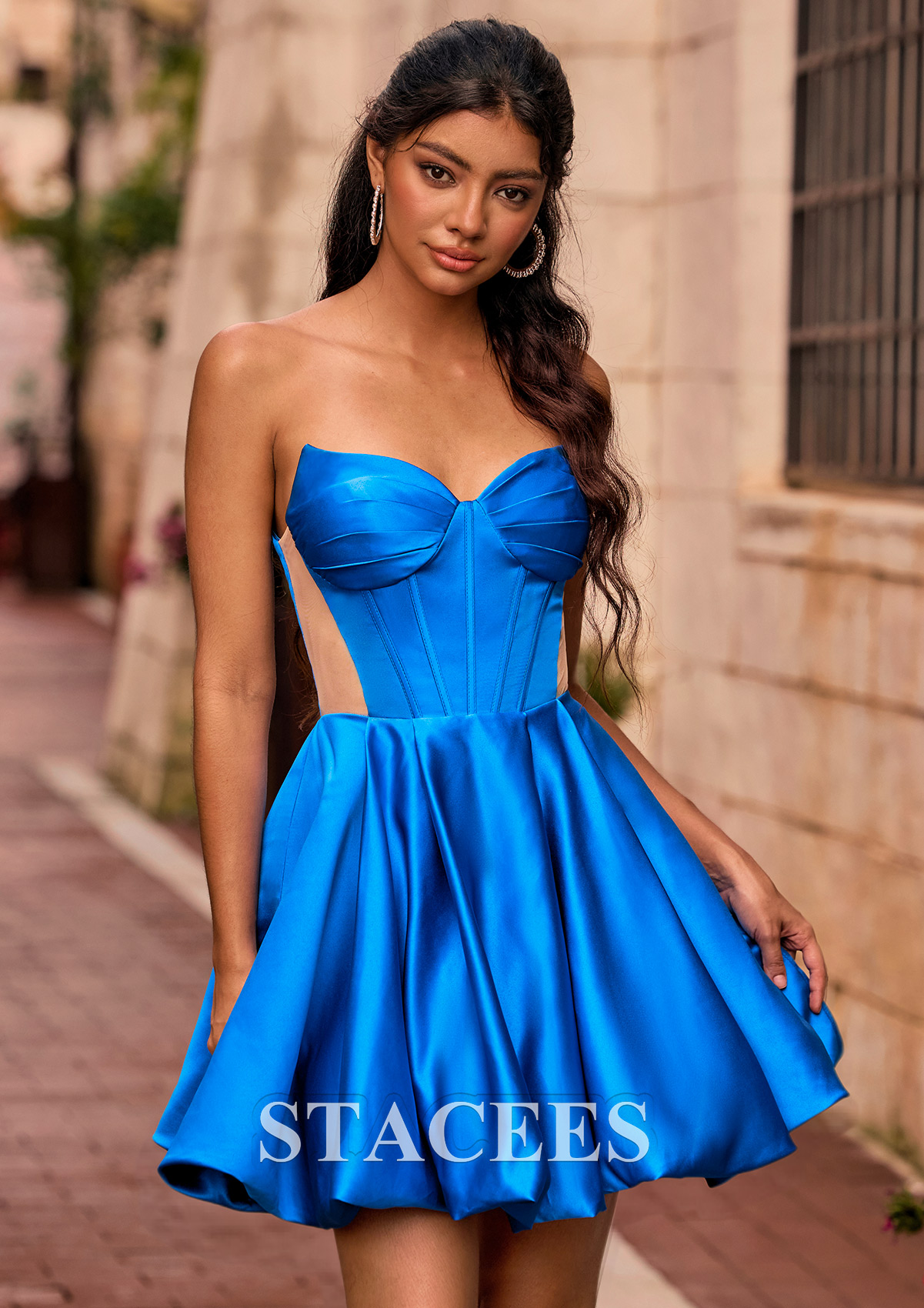 Bleu Océan Robe trapèze col en v satin courte/mini robe de fête de la rentrée avec plissé - STACEES