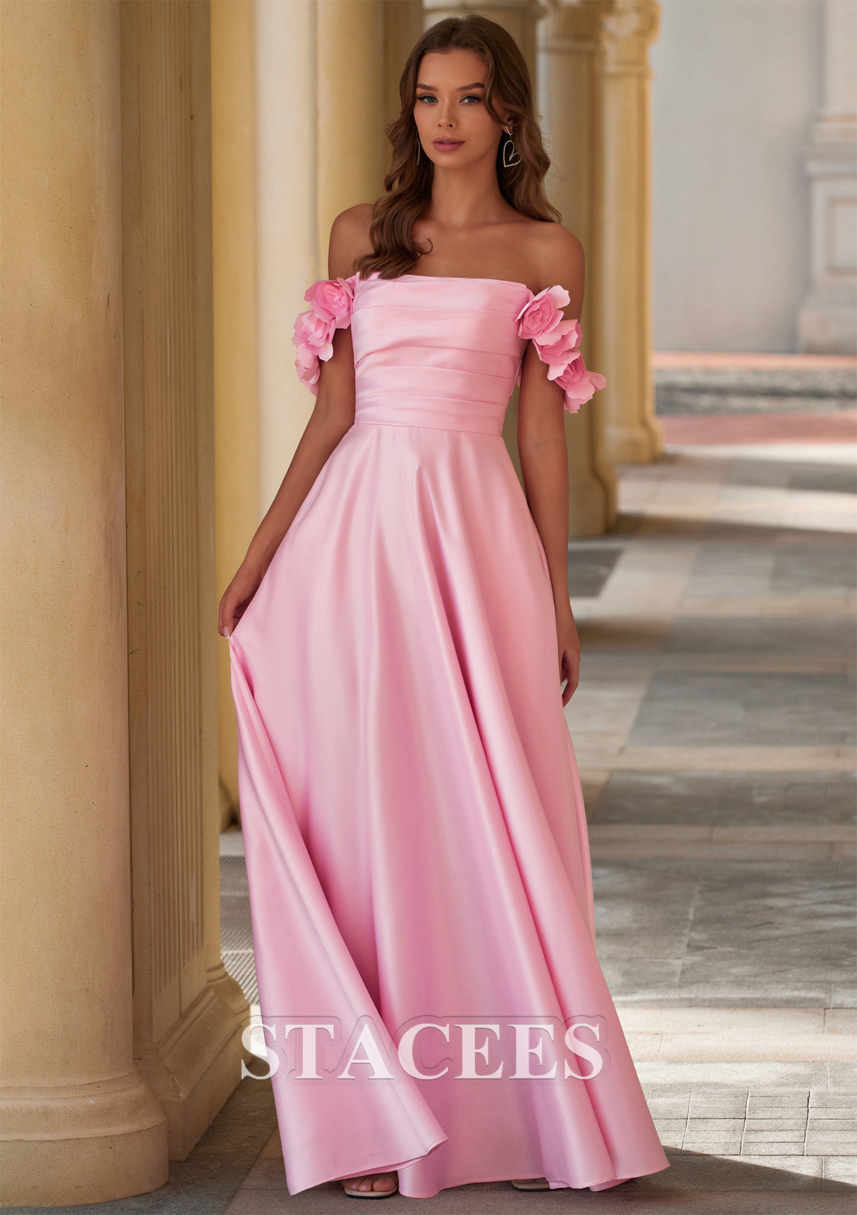 Rose Bonbon Trapèze épaule dénudée satin longueur ras du sol robe de bal avec fleurs plissé poches - STACEES