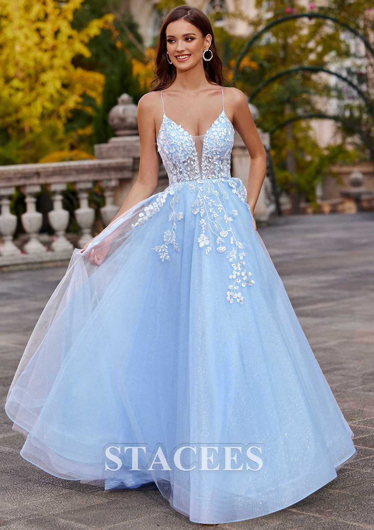 Sky Blue A-line Princess V Neck Tulle Prom Dress with Appliqued Beading Glitter - STACEES