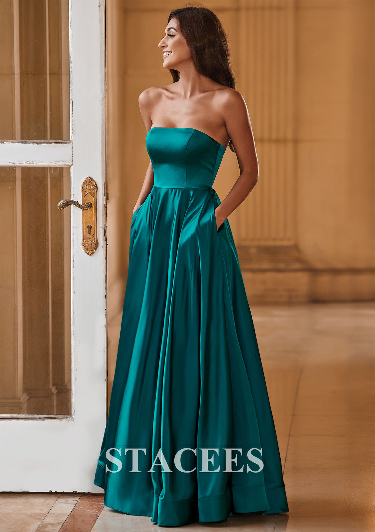 Teal A-line Strapless Satin Floor-Length Prom Dress with Pockets - STACEES