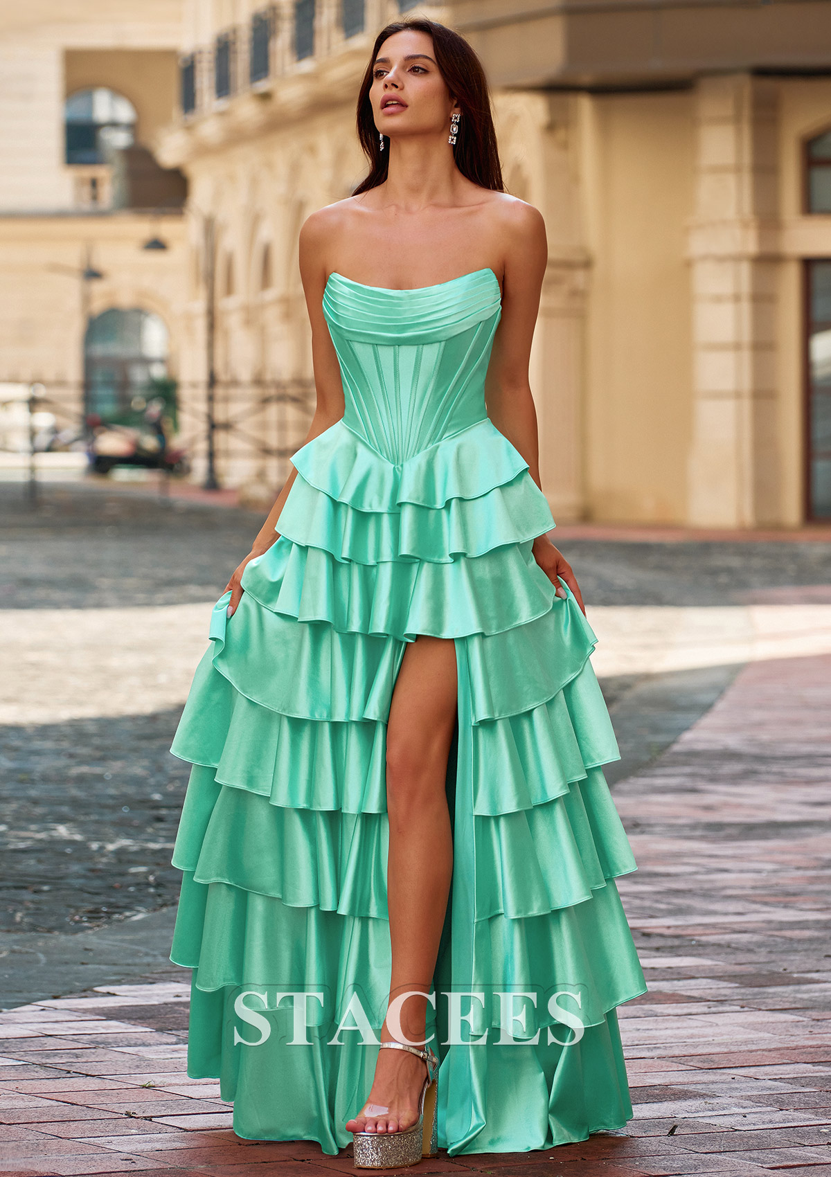 Mint Green A-line Strapless Tiered Ruffle Prom Dress with Ruched Corset High Slit - STACEES