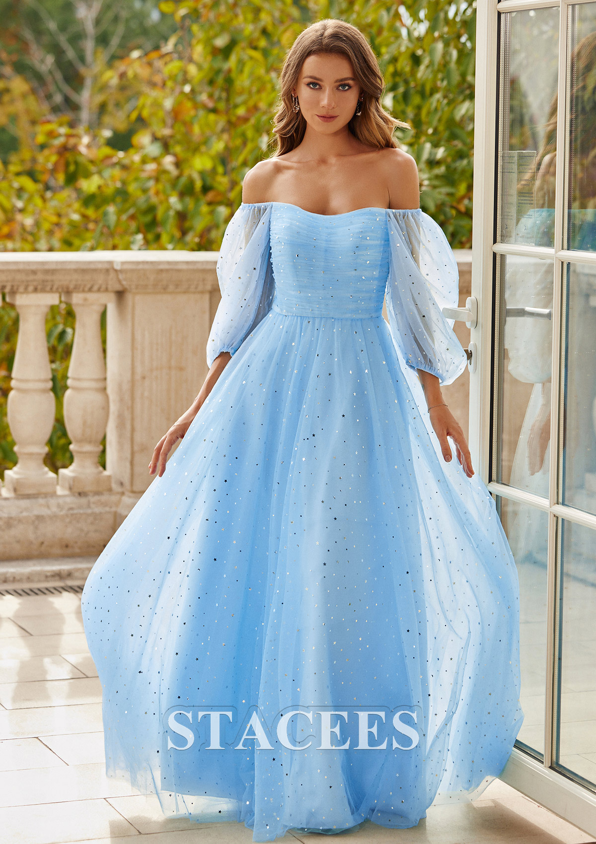 Bleu Ciel Robe trapèze carrée tulle ras du sol robe de bal - STACEES