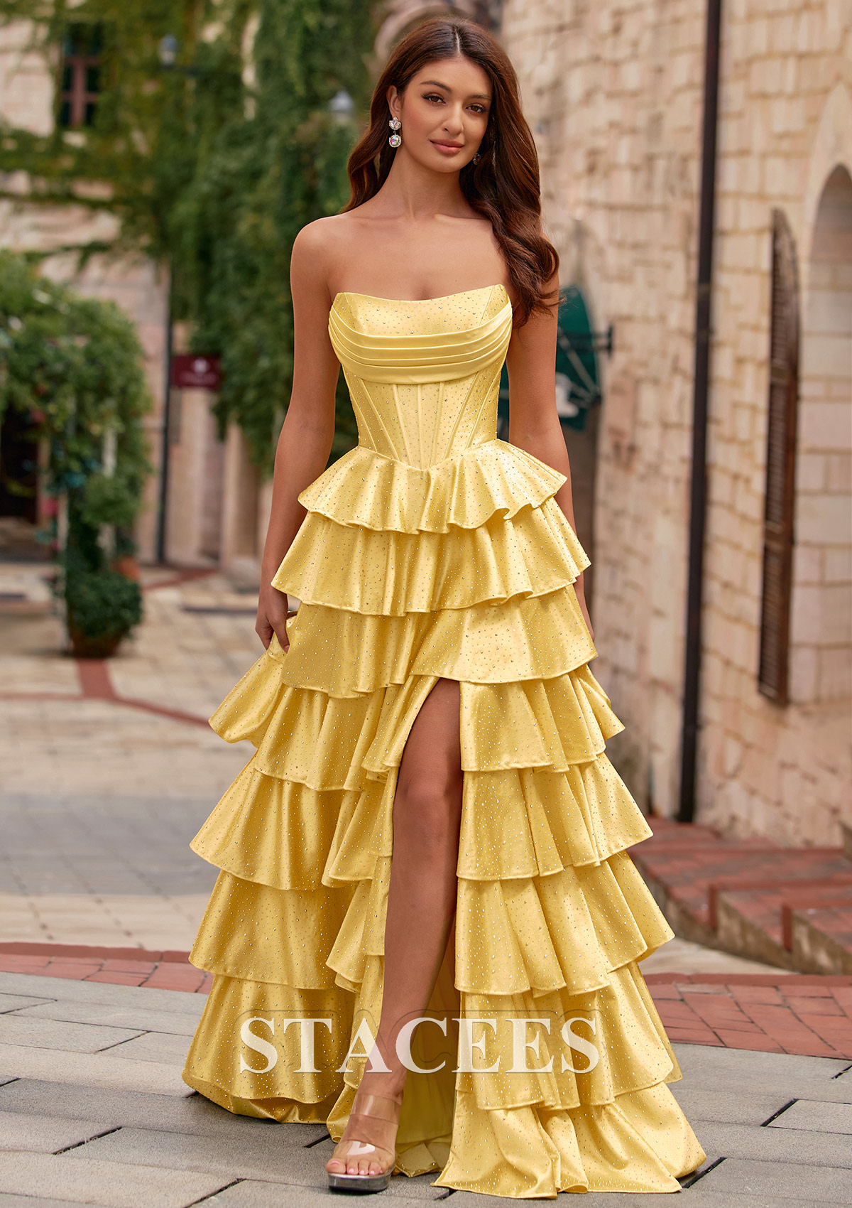 Daffodil A-line Strapless Ruched Corset Tiered Ruffle Hotfix Prom Dress with Slit - STACEES