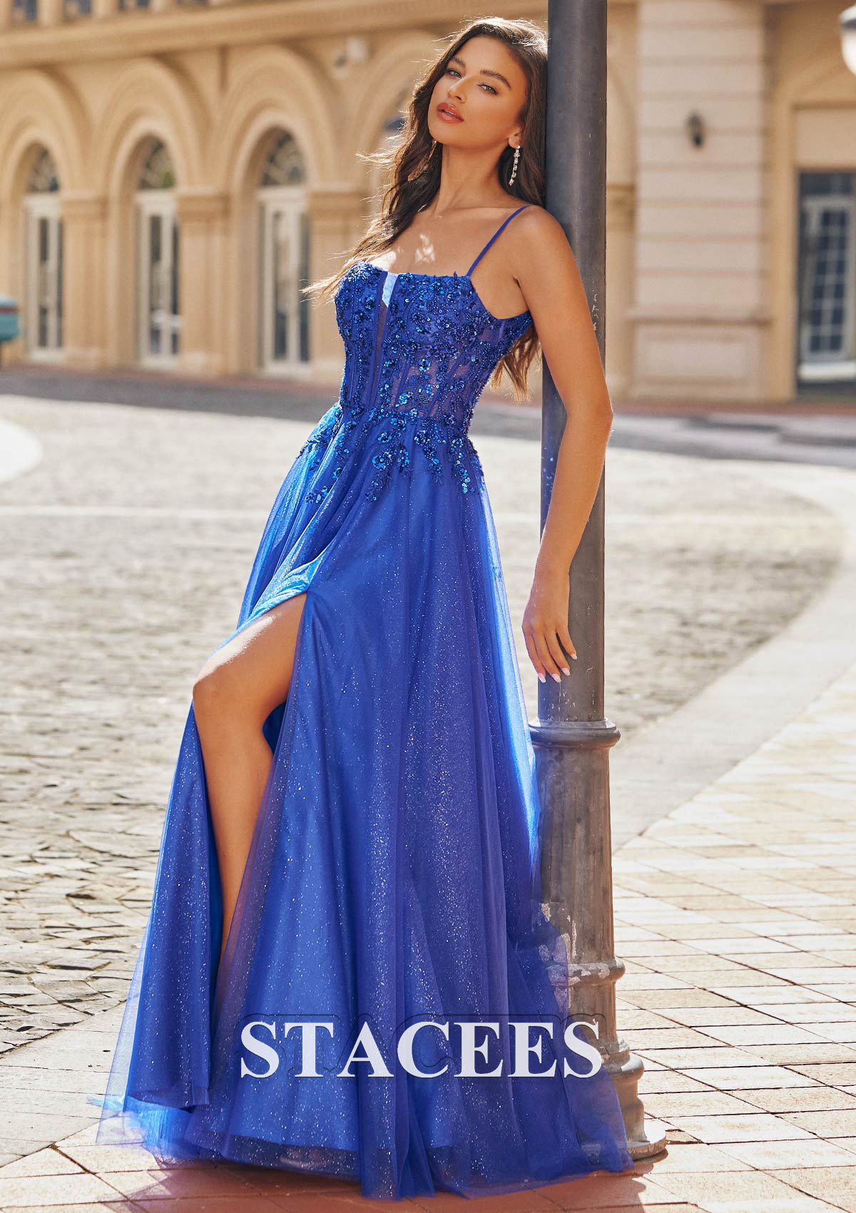 Bleu Royal Trapèze carrée tulle traîne balayage robe de bal - STACEES