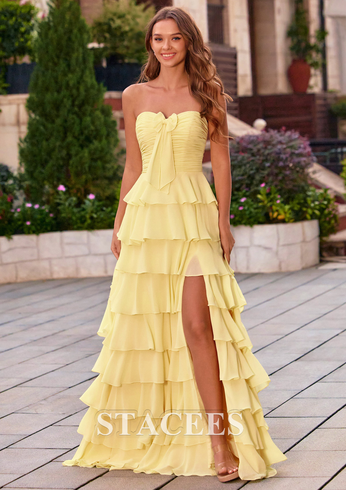 Daffodil Strapless A-line Sweetheart Tiered Ruffle Ruched Chiffon Prom Dress with Slit - STACEES