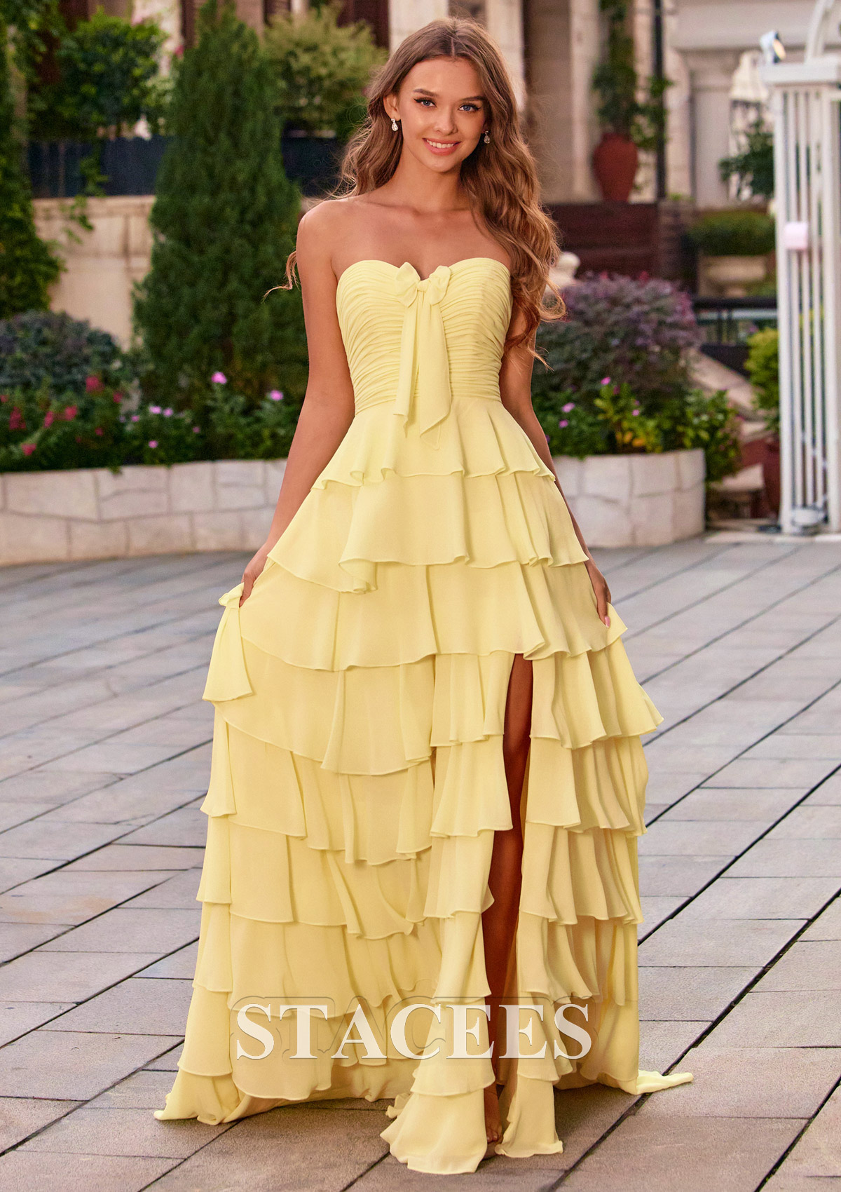 Daffodil Strapless A-line Sweetheart Tiered Ruffle Ruched Chiffon Prom Dress with Slit - STACEES
