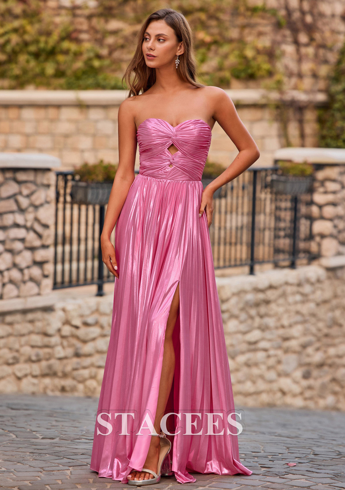 Candy Pink Strapless Keyhole Metallic Pleated A-line Prom Dress with Slit - STACEES