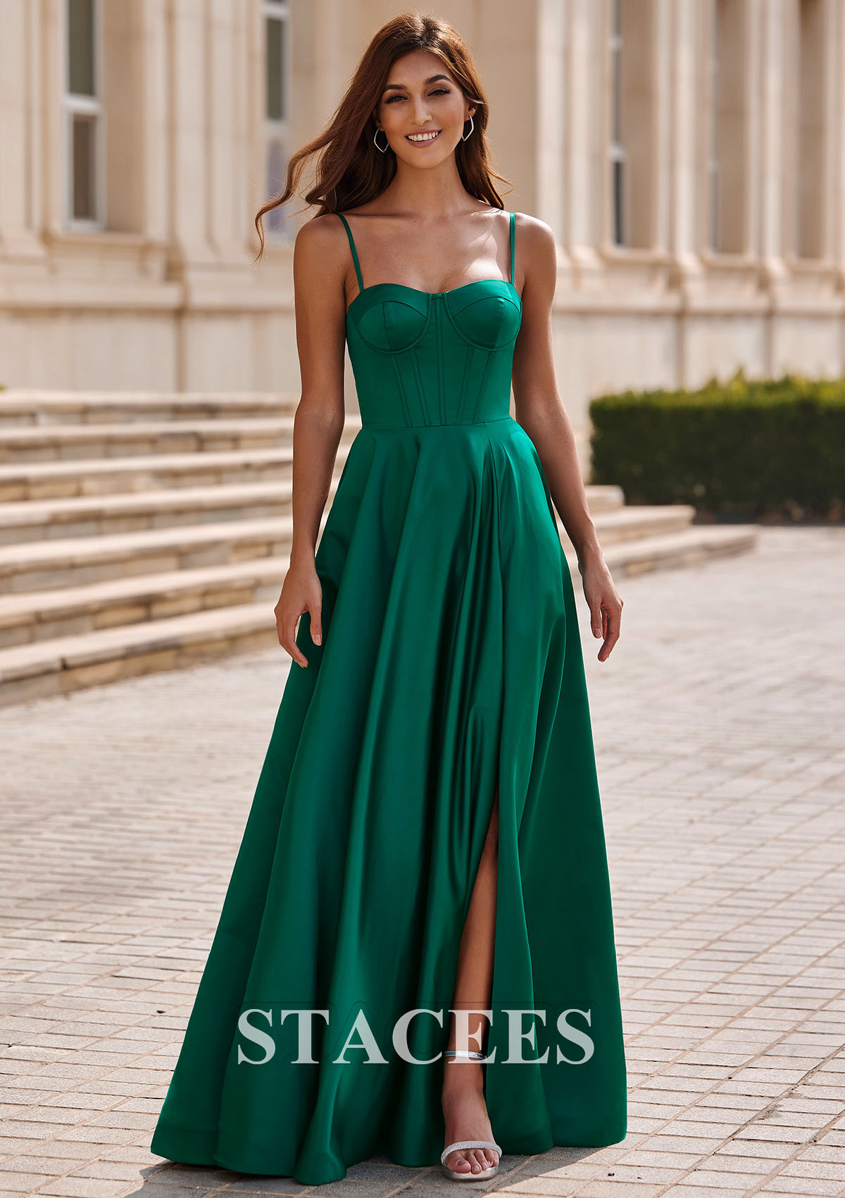 Dark Green A-line Spaghetti Straps Satin Corset Slit Prom Dress with Pockets - STACEES