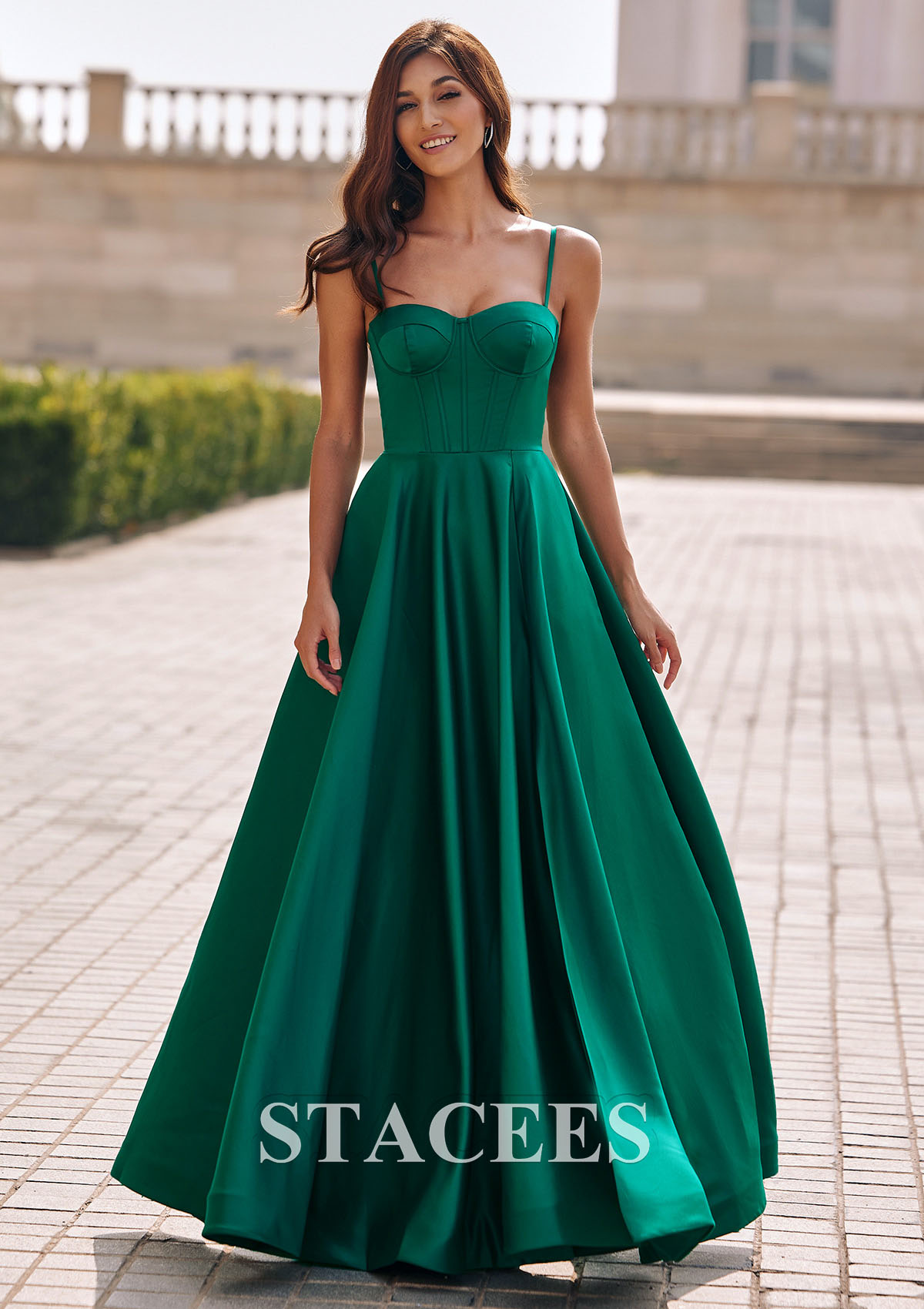 Dark Green A-line Spaghetti Straps Satin Corset Slit Prom Dress with Pockets - STACEES