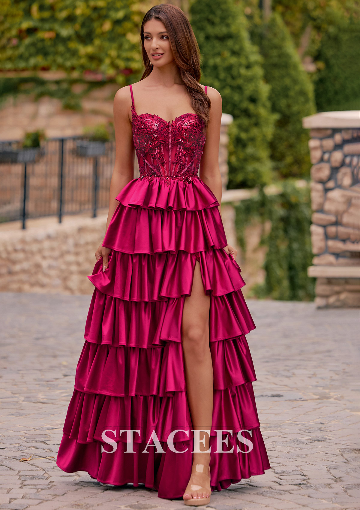 Burgundy A-line Embroidered Sheer Corset Tiered Ruffle Prom Dress with Front Slit - STACEES