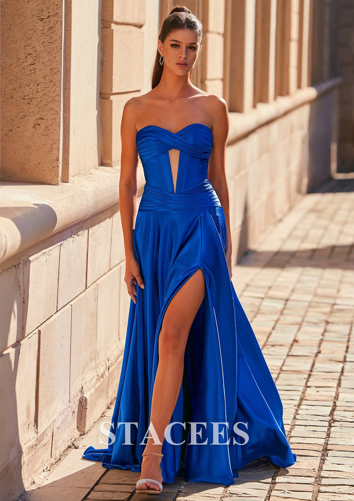 Royal Blue A-line Pleated Slit Prom Dress with Detachable Spaghetti Straps - STACEES
