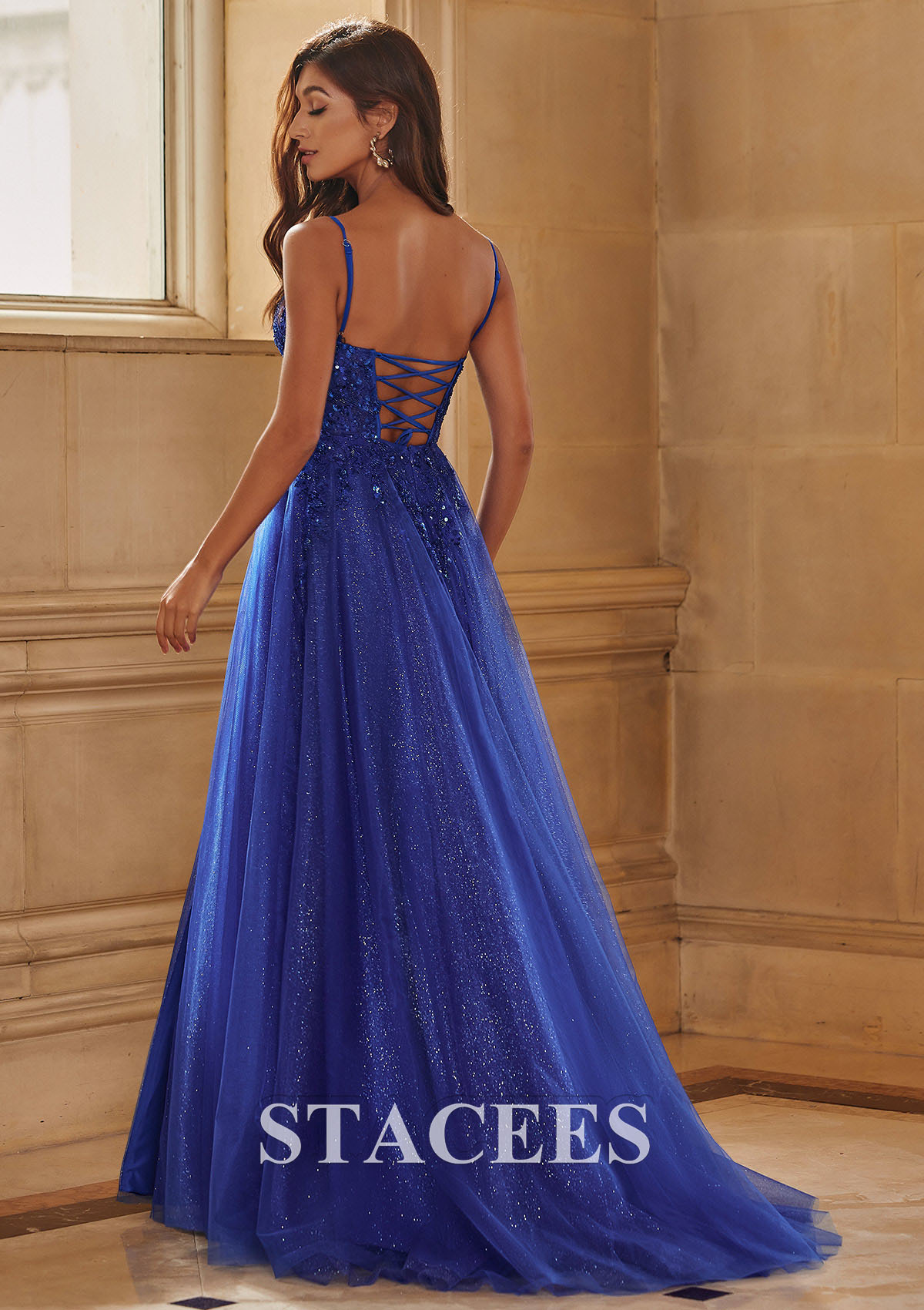 Royal Blue A-line V Neck Spaghetti Straps Corset Slit Glitter Tulle Prom Dress - STACEES