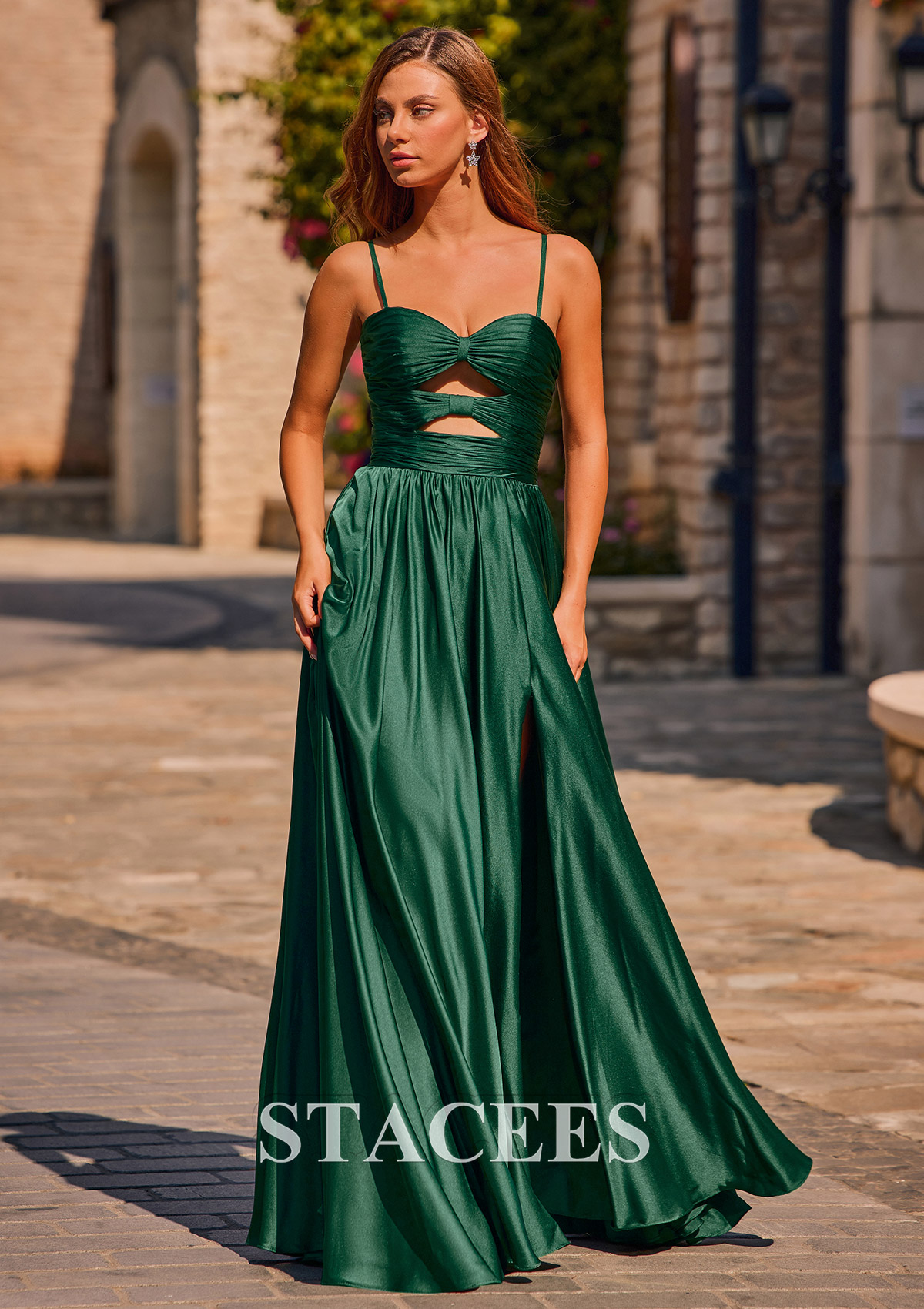Dark Green A-line V Neck Satin Floor-Length Prom Dress with Pleated Split - STACEES