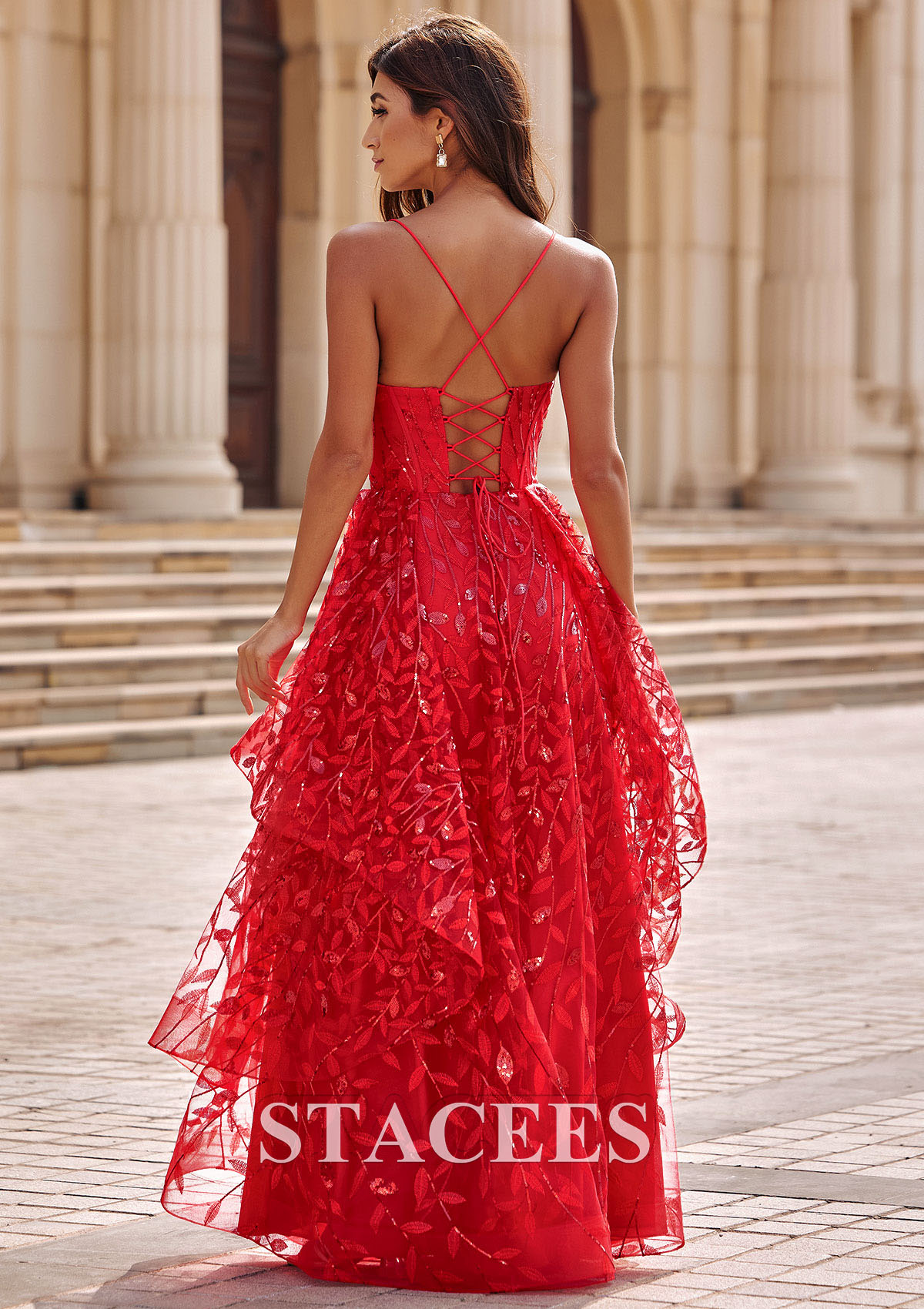 Rouge Trapèze col en v tulle ras du sol robe de bal - STACEES