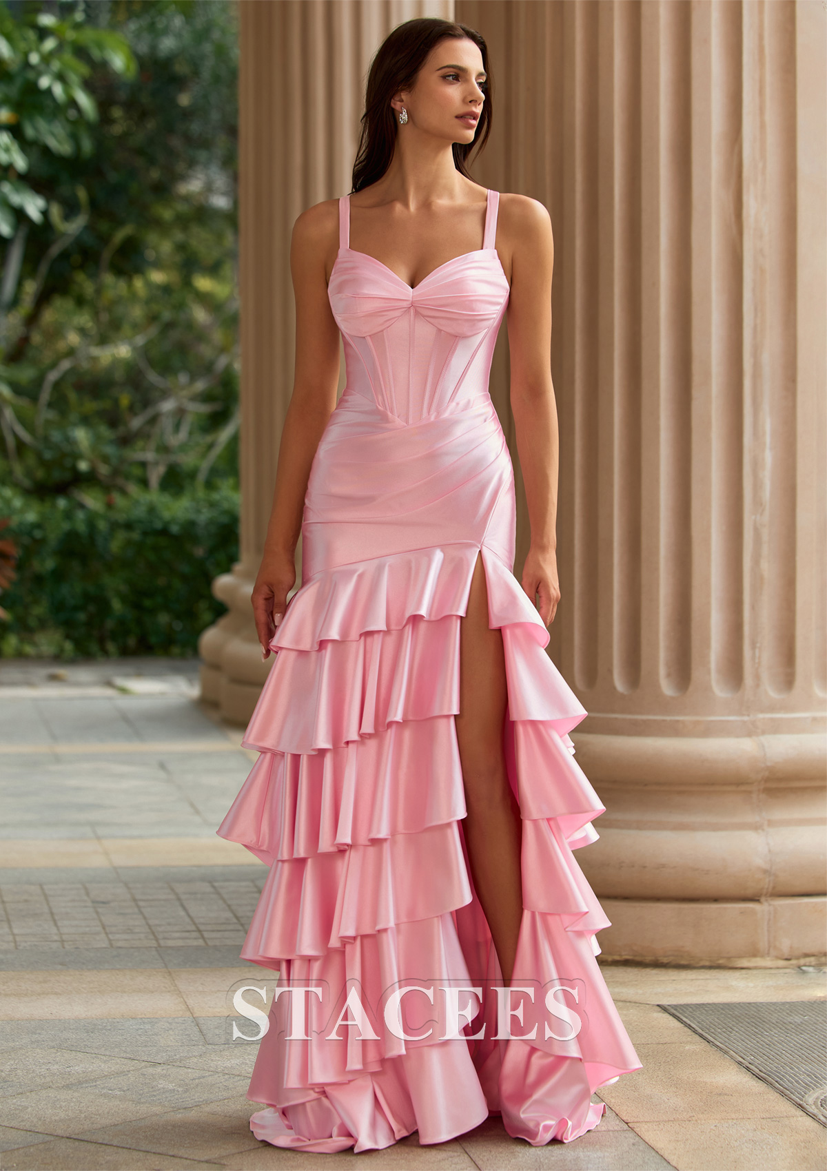 Blushing Pink Halter Ruched Corset Tiered Ruffle Sweep Train Prom Dress with High Slit - STACEES