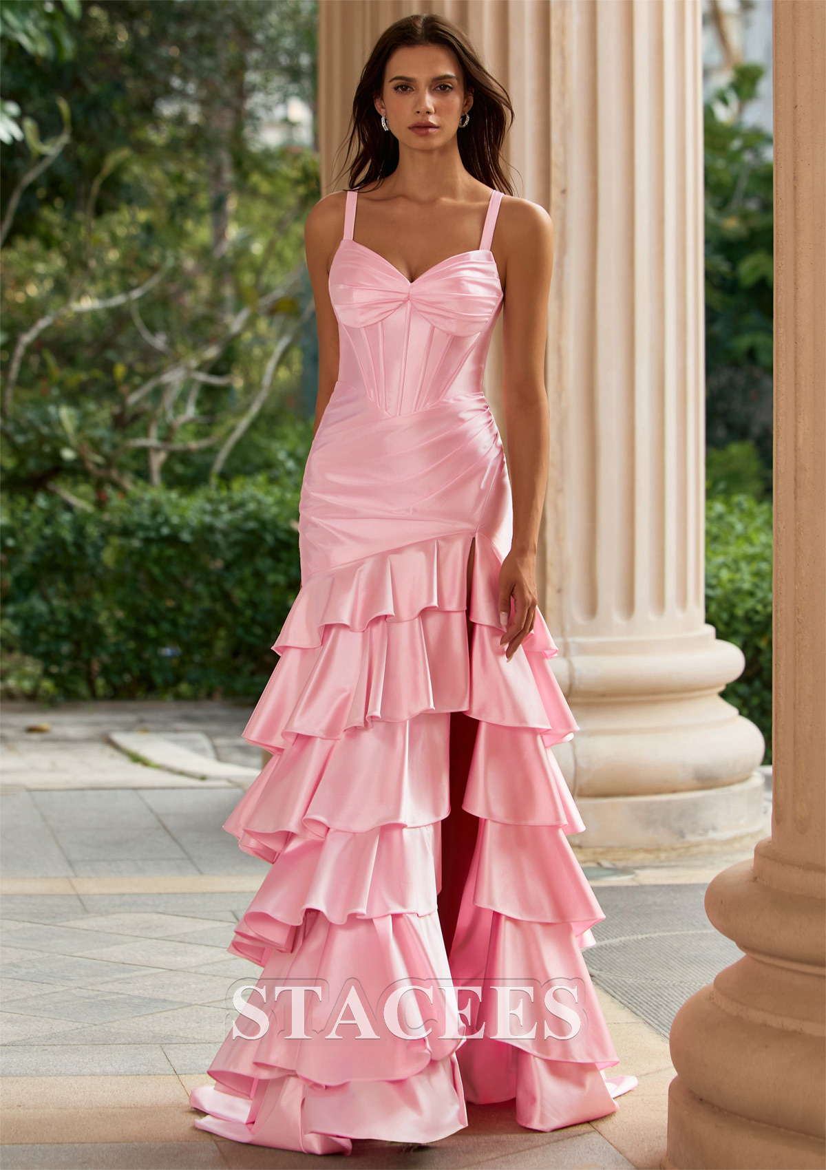 Blushing Pink Halter Ruched Corset Tiered Ruffle Sweep Train Prom Dress with High Slit - STACEES