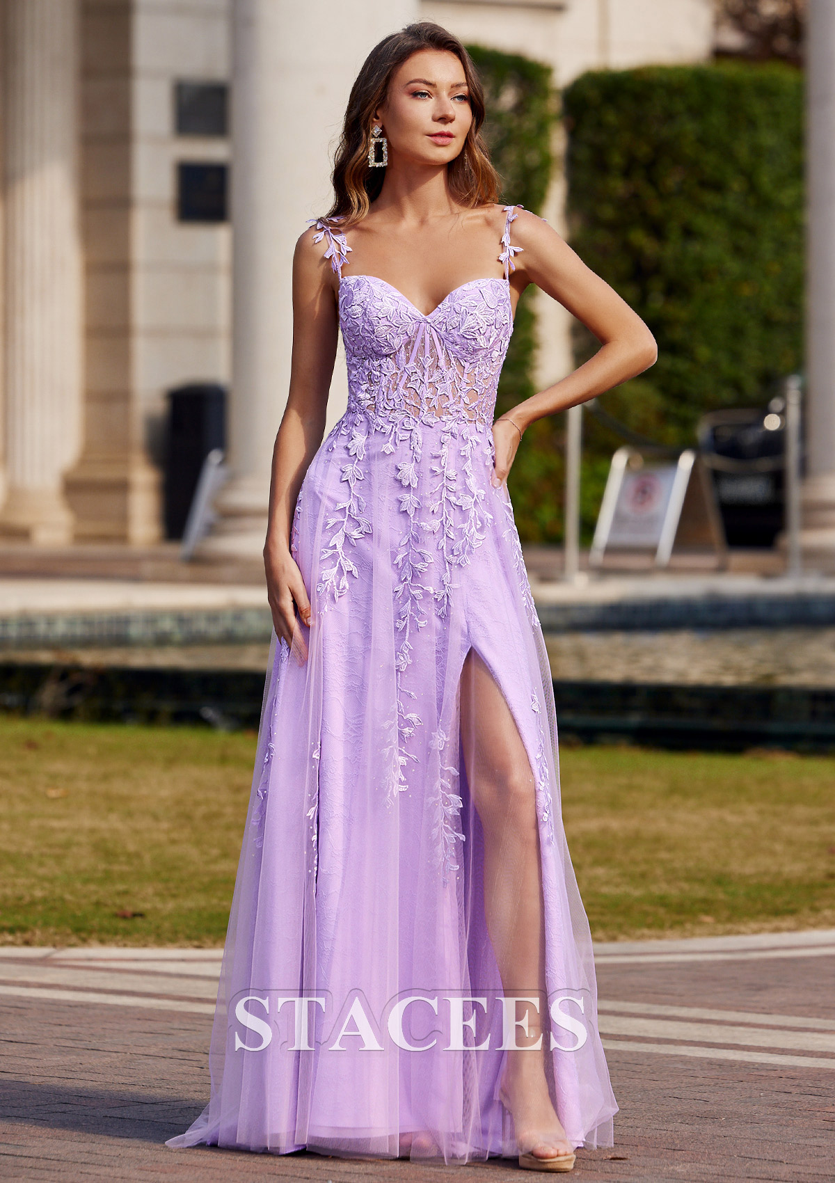 Lilac A-line V Neck Sweep Train Tulle Prom Dress with Appliqued Beading - STACEES