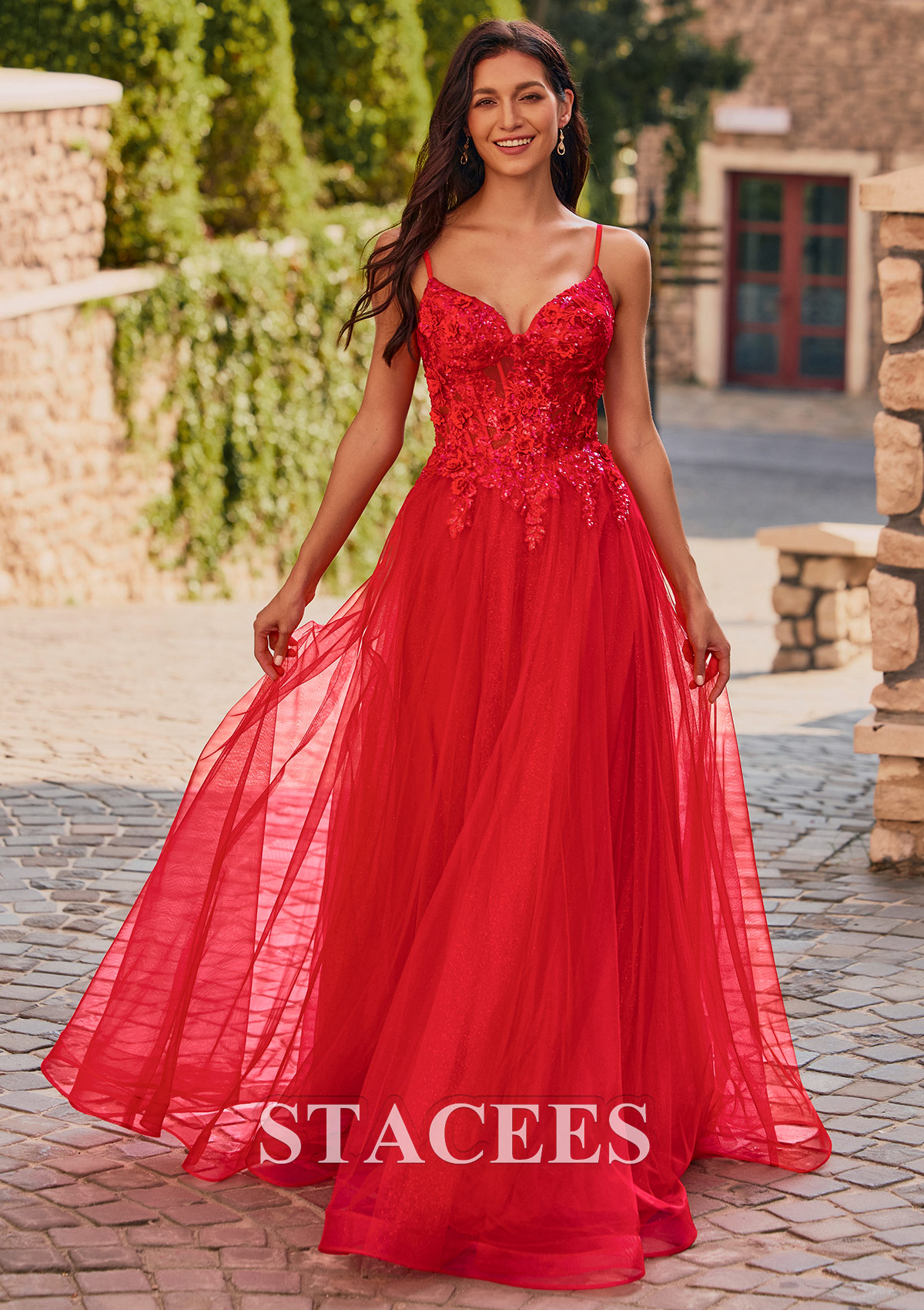 Rouge Trapèze col en v tulle longueur ras du sol robe de bal avec appliqué fleurs paillettes - STACEES