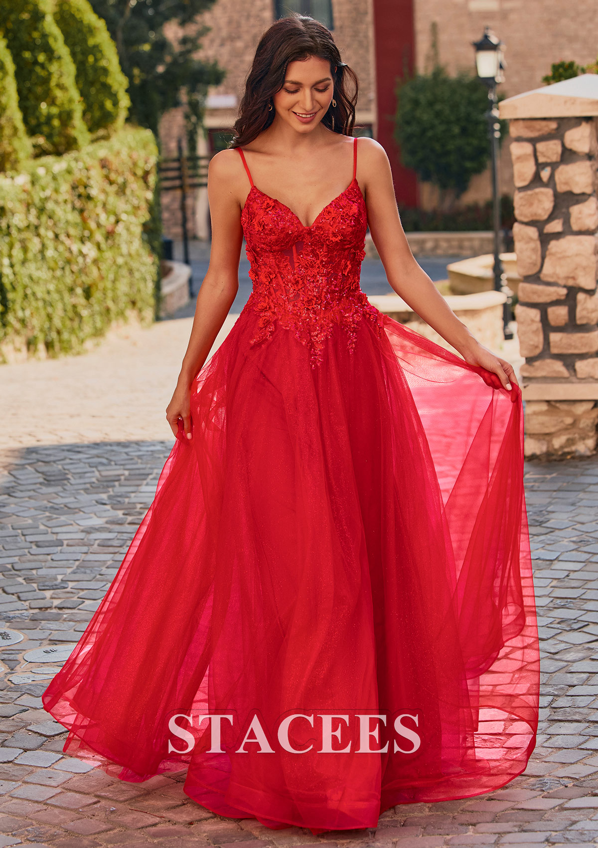 Rouge Trapèze col en v tulle longueur ras du sol robe de bal avec appliqué fleurs paillettes - STACEES