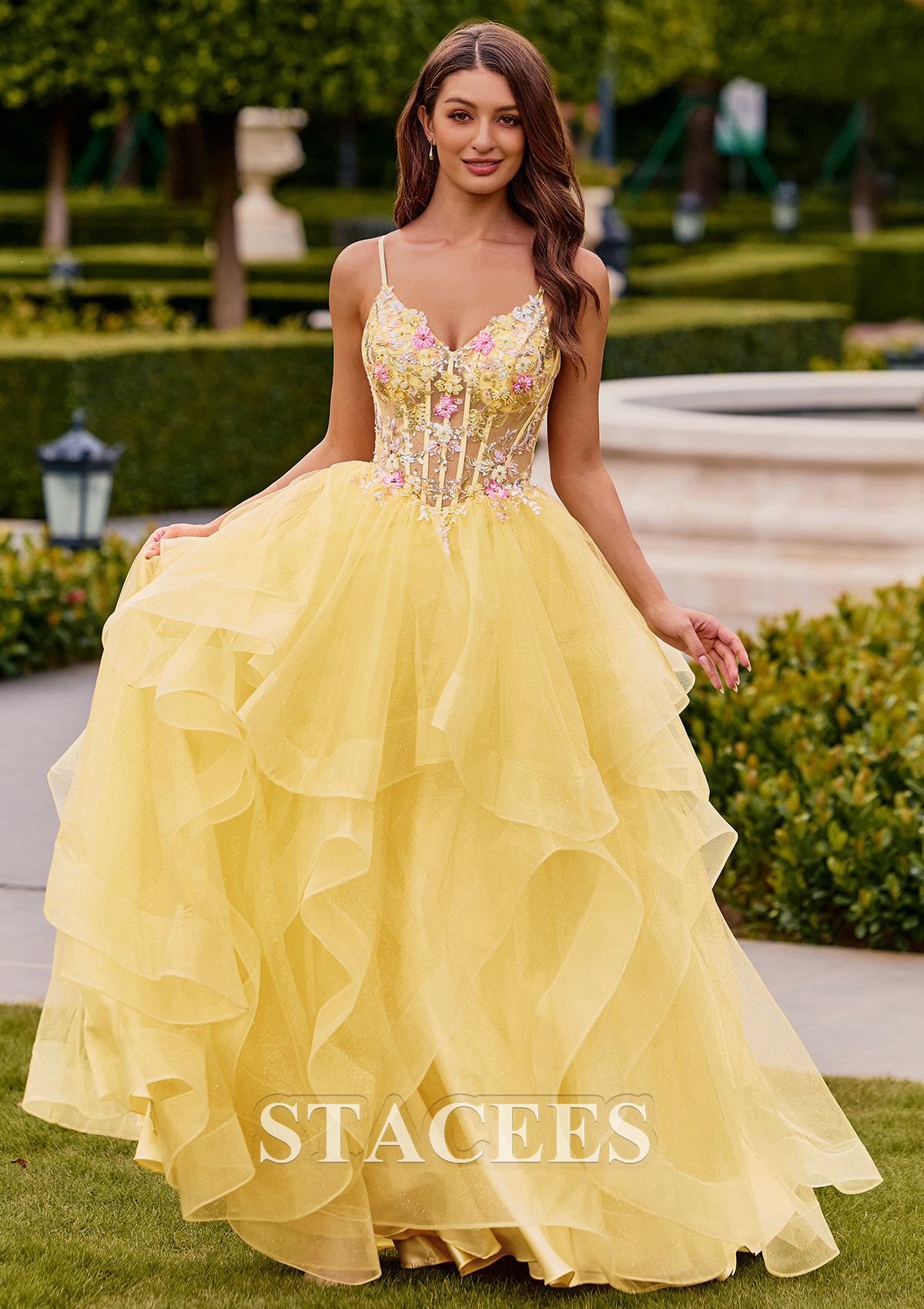 Jaune Trapèze col en v tulle longueur ras du sol robe de bal avec perles volants paillettes - STACEES