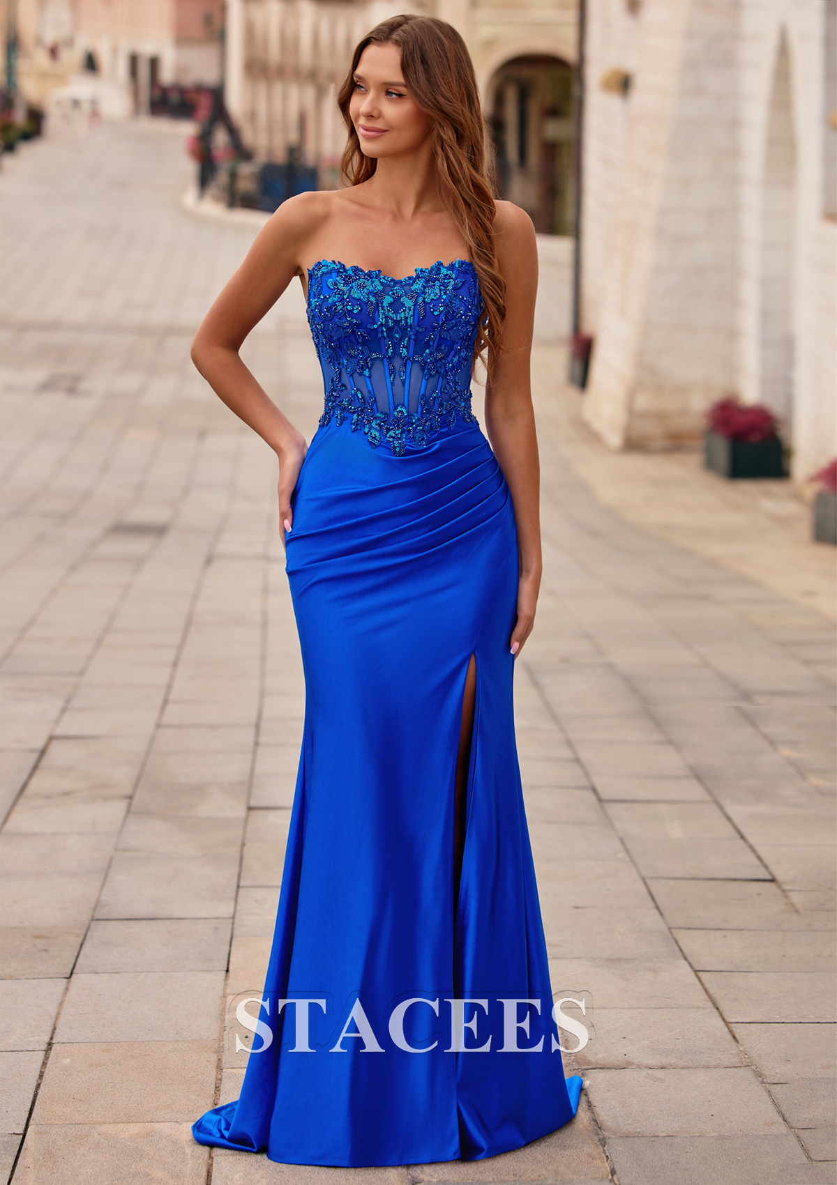 Royal Blue Strapless Embroidered Corset Mermaid Prom Dress with Slit - STACEES