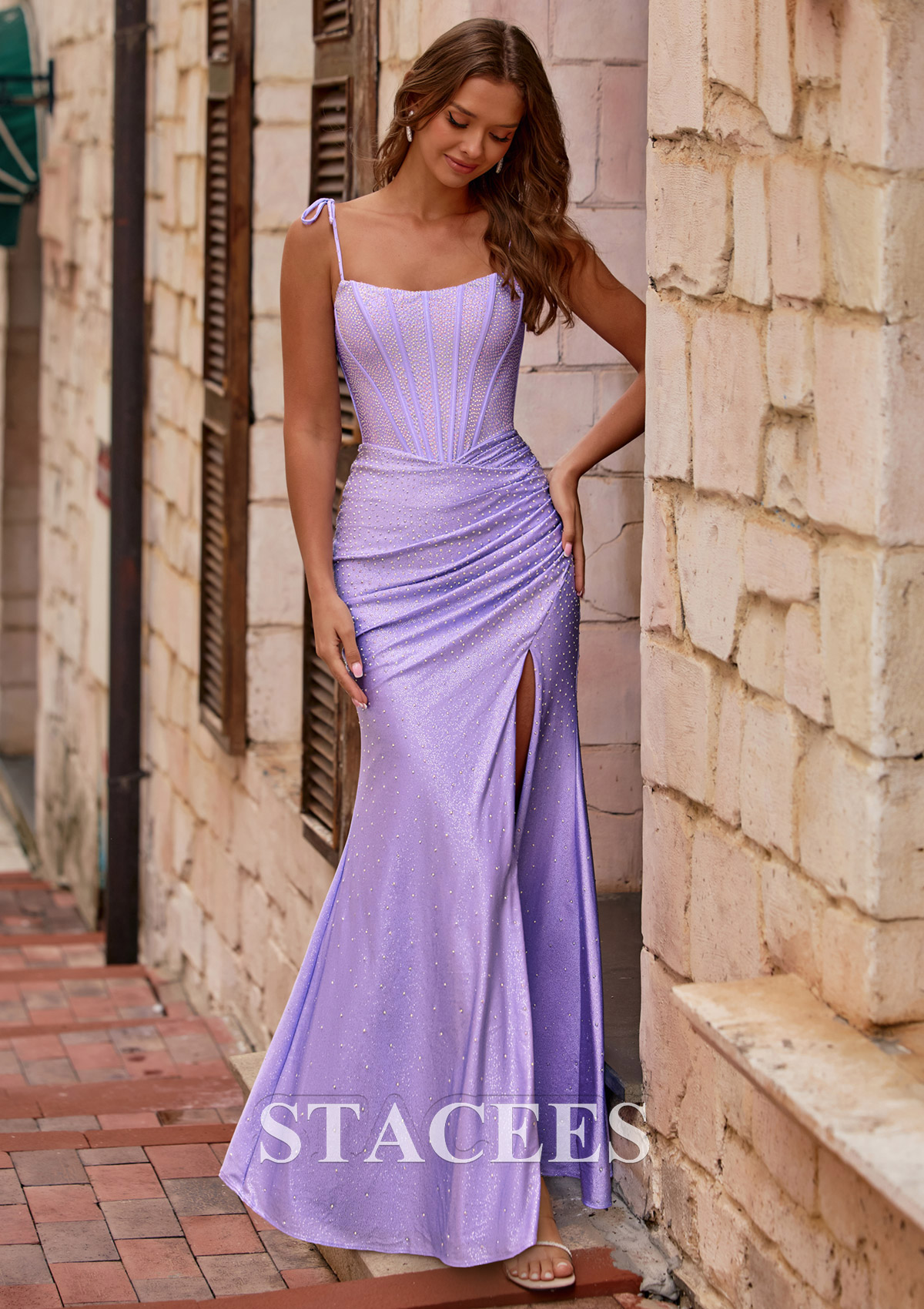 Lilac Fitted Scoop Neck Corset Hot Fix Glittering Jersey Ruched Prom Dress with Slit - STACEES