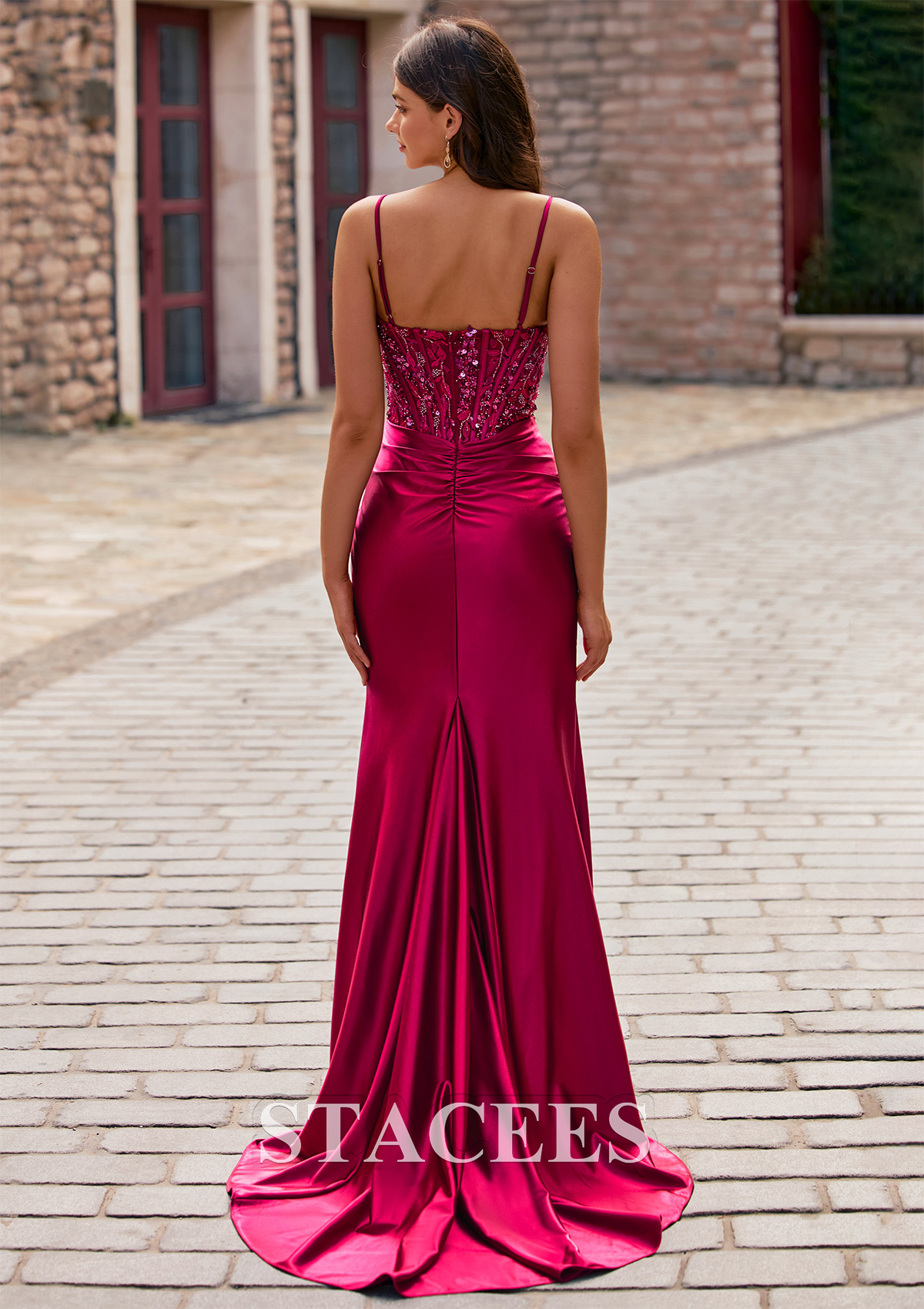 Burgundy Fitted Beaded Sequins Ruched Corset Slit Prom Dress - STACEES