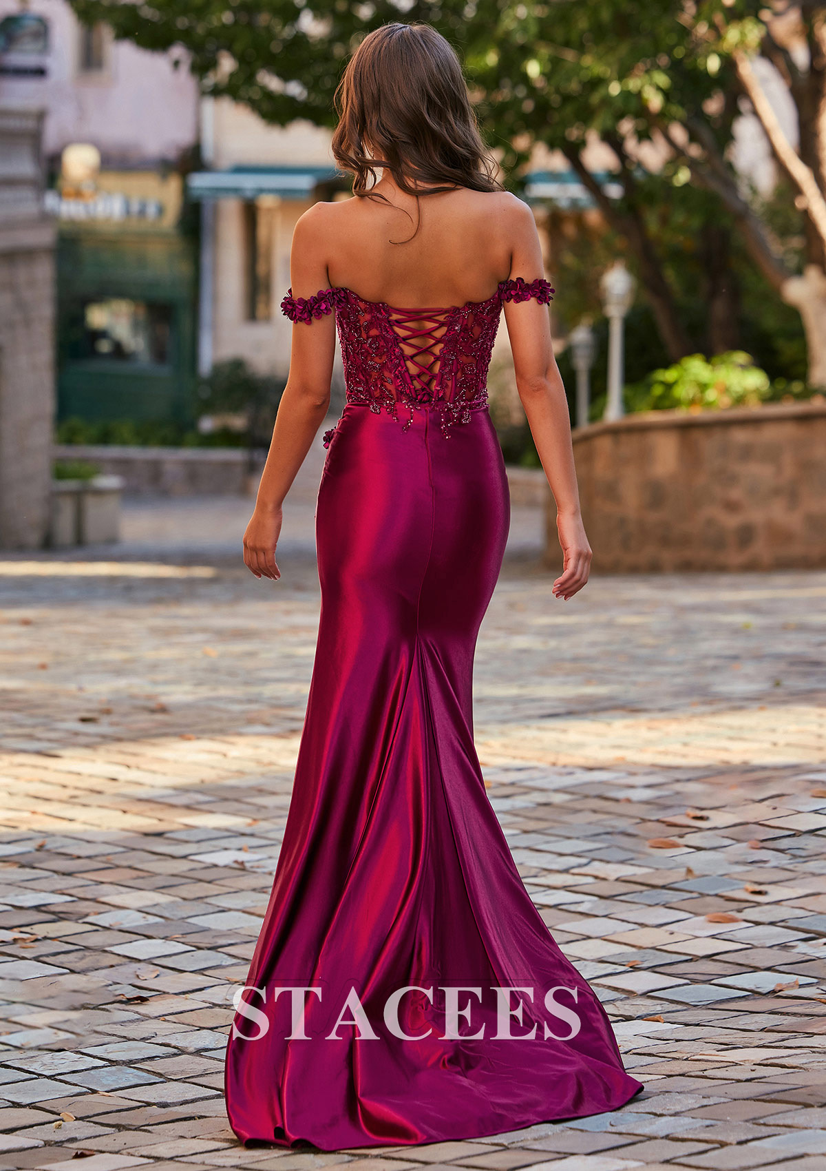 Bordeaux Trumpette/Sirène épaule dénudée soie comme du satin traîne balayage robe de bal  - STACEES