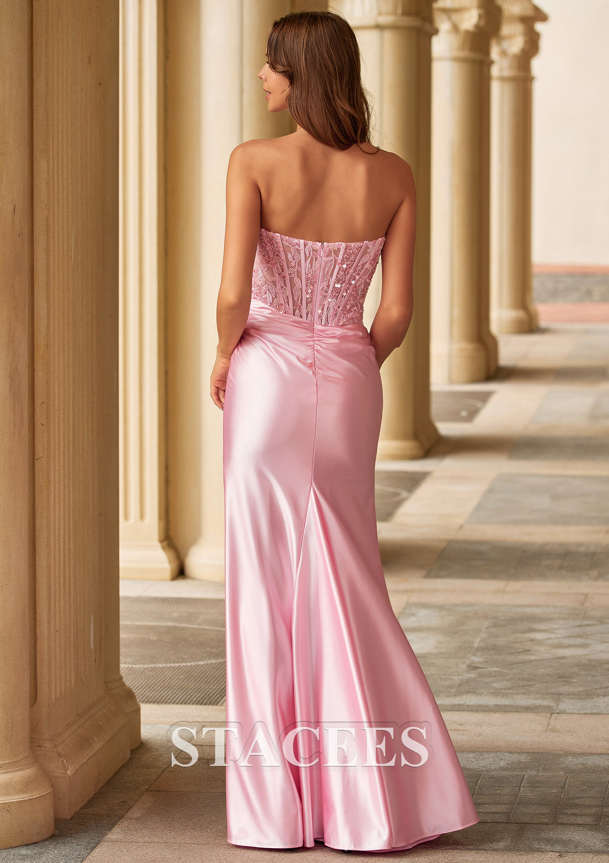 Blushing Pink Mermaid Strapless Beaded Corset Ruched Prom Dress with High Slit - STACEES