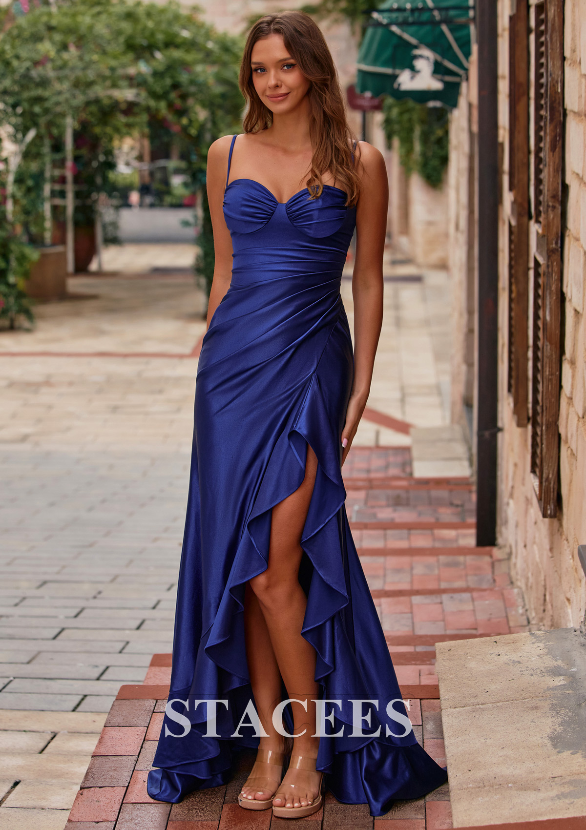 Navy Blue Mermaid Sweetheart Spaghetti Straps Ruched Prom Dress with Ruffle Slit - STACEES
