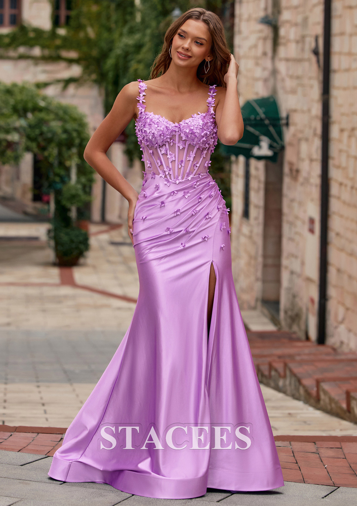 Lilas Trumpette/Sirène cache coeur soie comme du satin traîne balayage robe de bal avec perles fleurs - STACEES