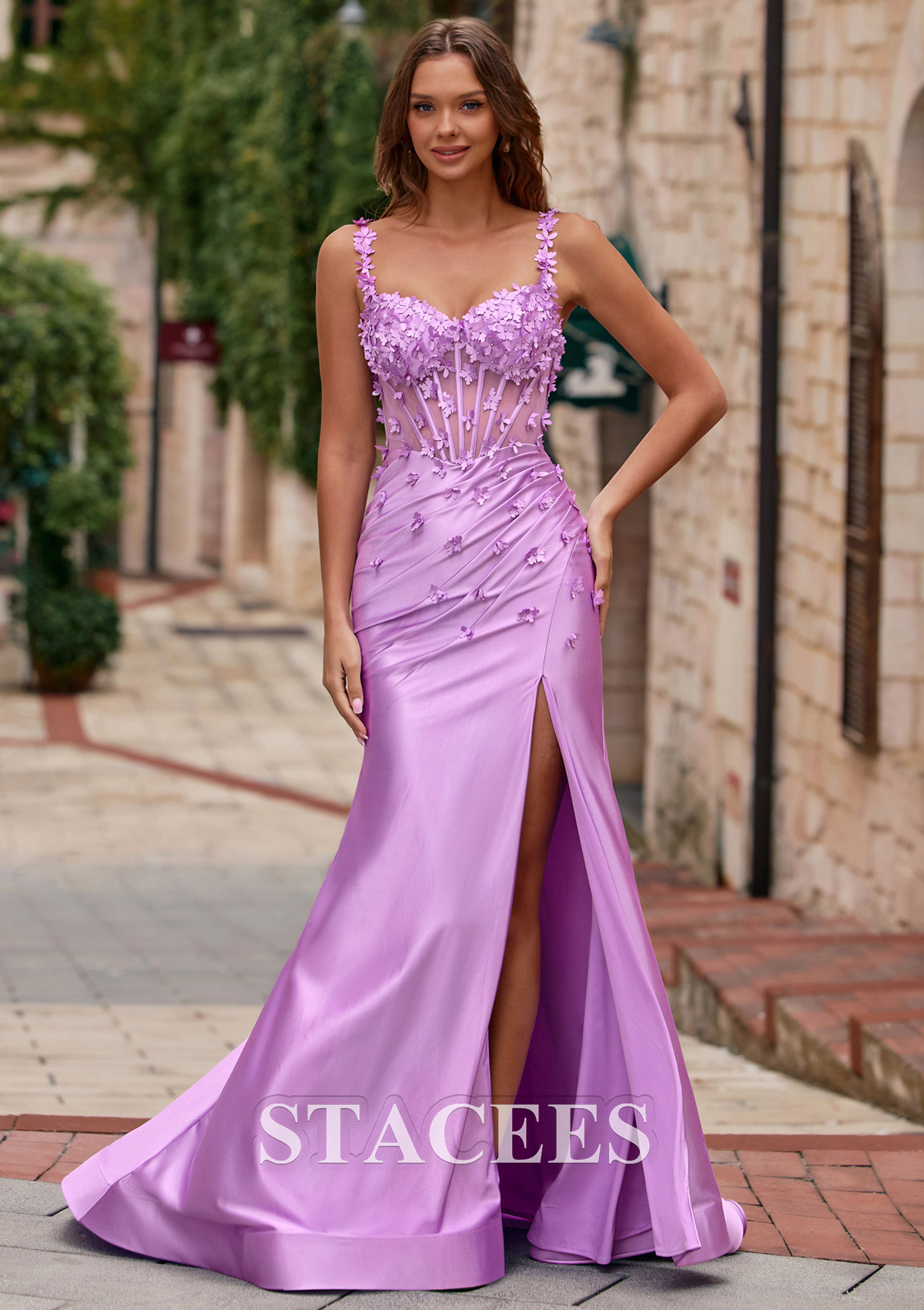 Lilas Trumpette/Sirène cache coeur soie comme du satin traîne balayage robe de bal avec perles fleurs - STACEES