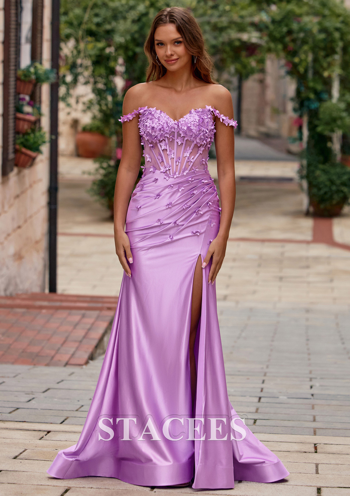Lilas Trumpette/Sirène cache coeur soie comme du satin traîne balayage robe de bal avec perles fleurs - STACEES