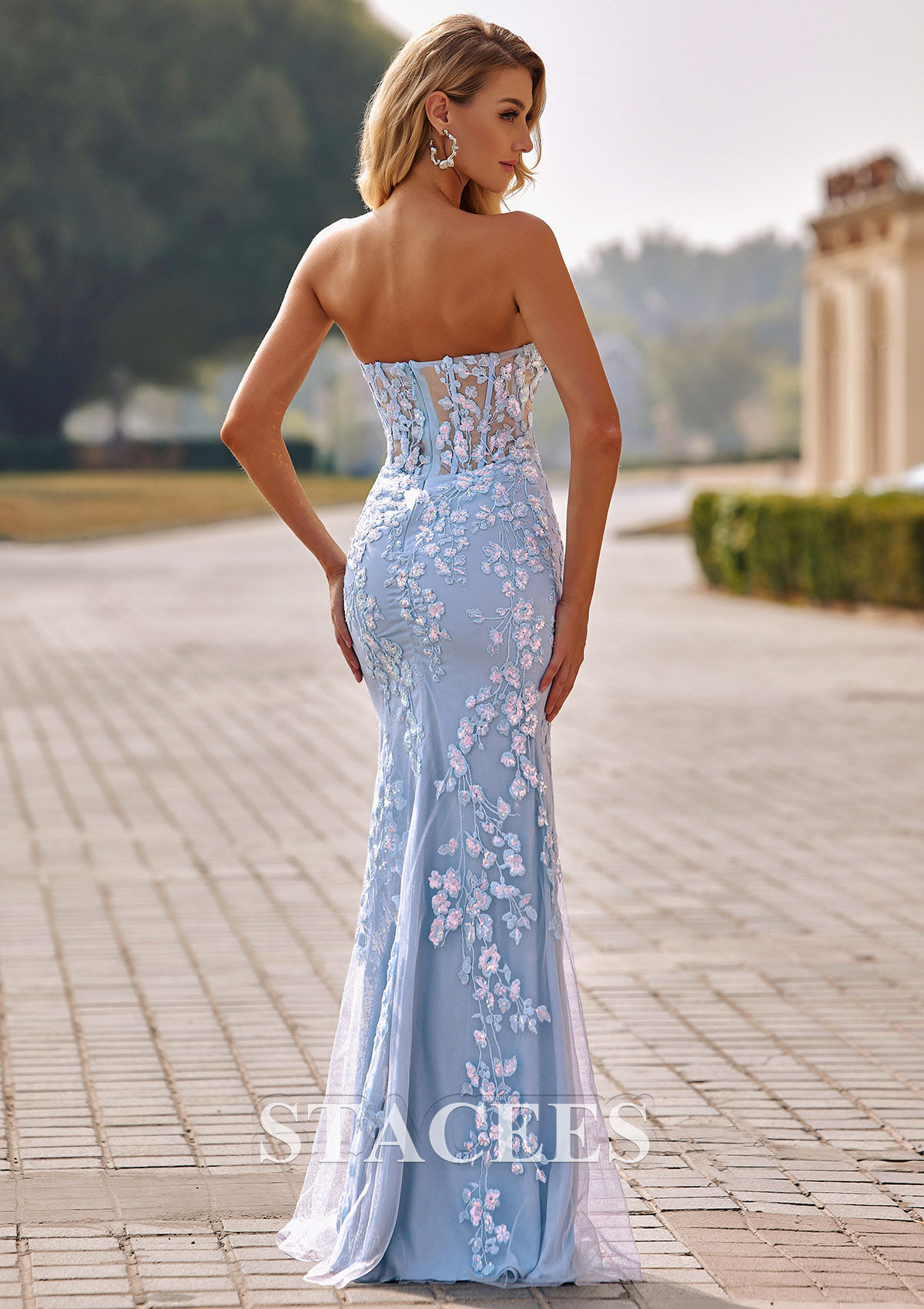 Bleu Ciel Trumpette/Sirène cache coeur tulle ras du sol robe de bal  - STACEES