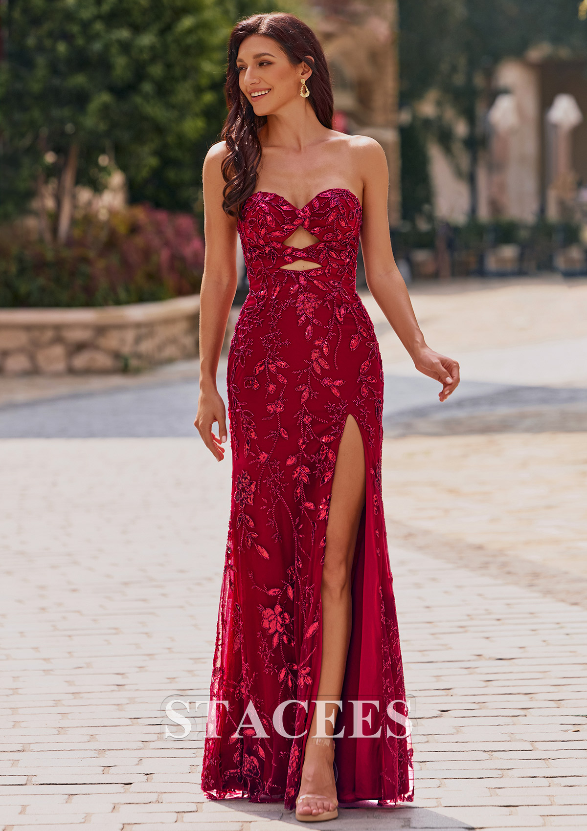 Bordeaux Trumpette/Sirène cache coeur tulle longueur ras du sol robe de bal avec perles trou de serrure - STACEES