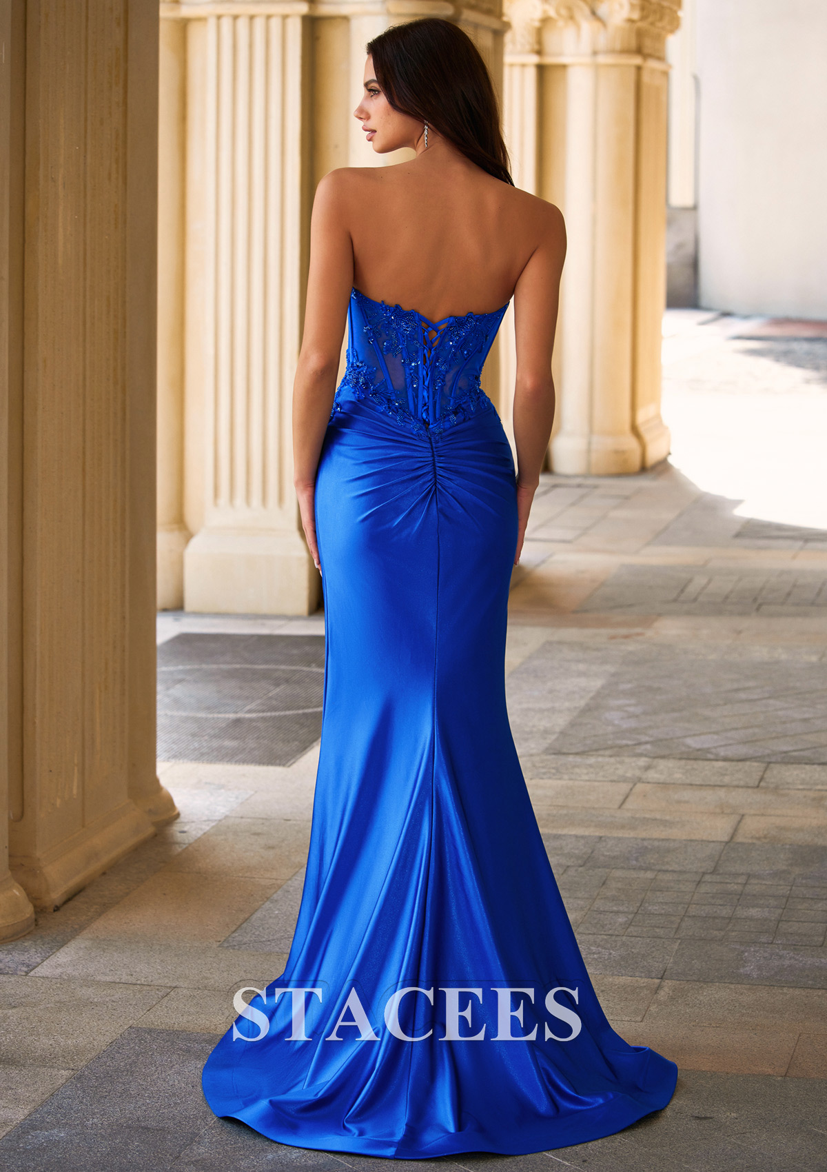 Royal Blue Shiny Silk like Satin Strapless Mermaid Ruched Prom Dress with Applique Corset and Slit - STACEES