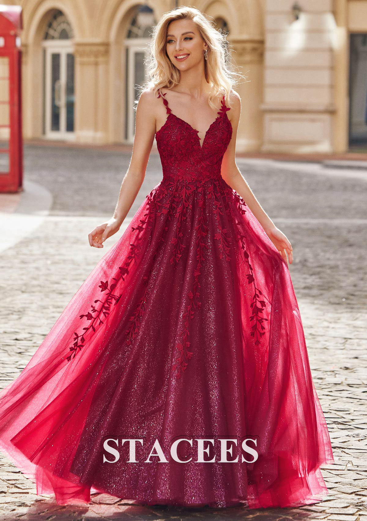 Burgundy A-line Princess V Neck Sleeveless Sweep Train Tulle Prom Dress with Appliqued Glitter - STACEES