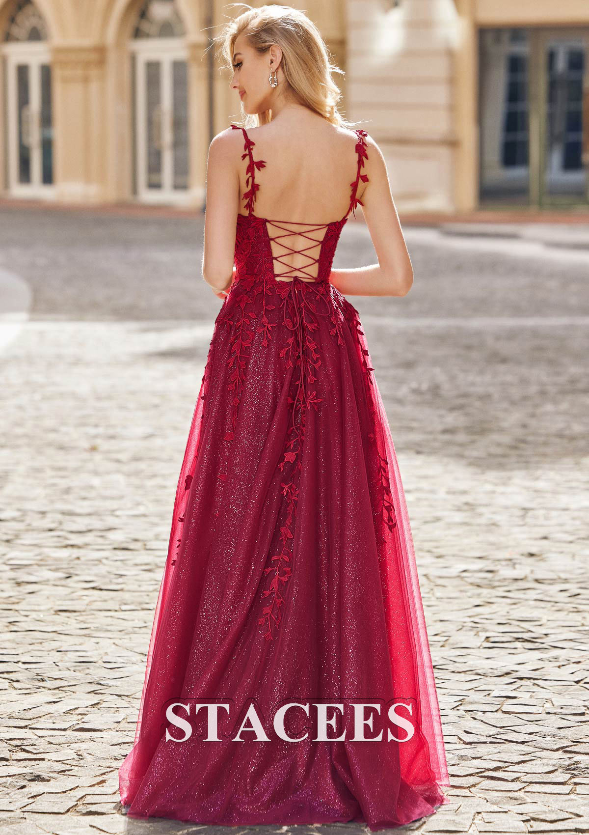 Burgundy A-line Princess V Neck Sleeveless Sweep Train Tulle Prom Dress with Appliqued Glitter - STACEES