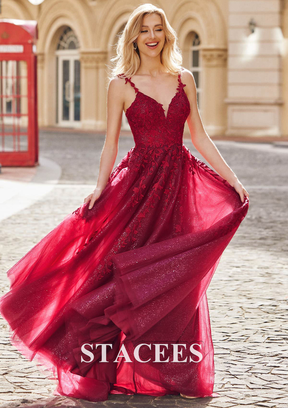 Burgundy A-line Princess V Neck Sleeveless Sweep Train Tulle Prom Dress with Appliqued Glitter - STACEES