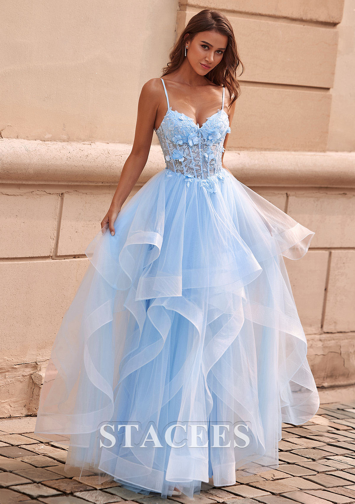 Sky Blue A-line V Neck Sheer Lace Corset Ruffle Prom Dress - STACEES