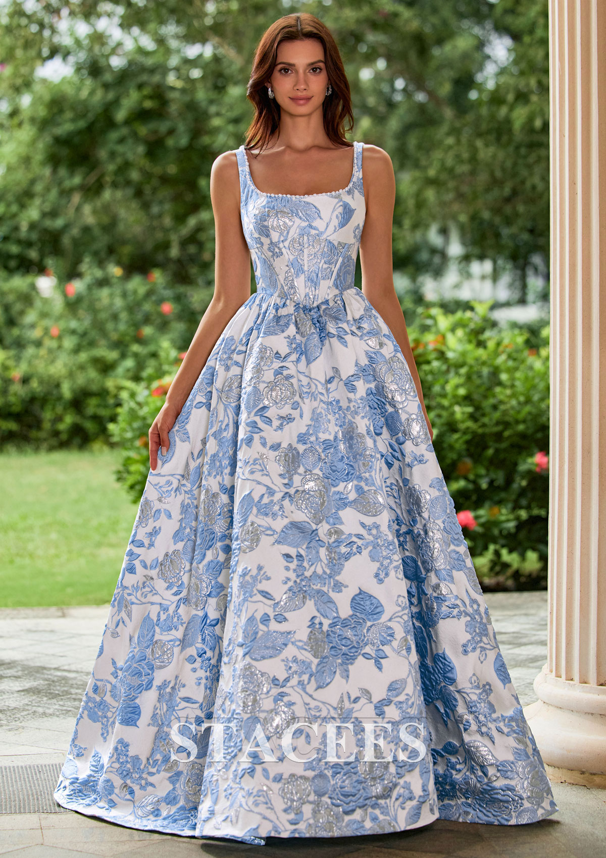 Floral Azul Cielo Vestido línea a vestido de gala cuello cuadrado brocado cola de barrido vestido de graduación - STACEES