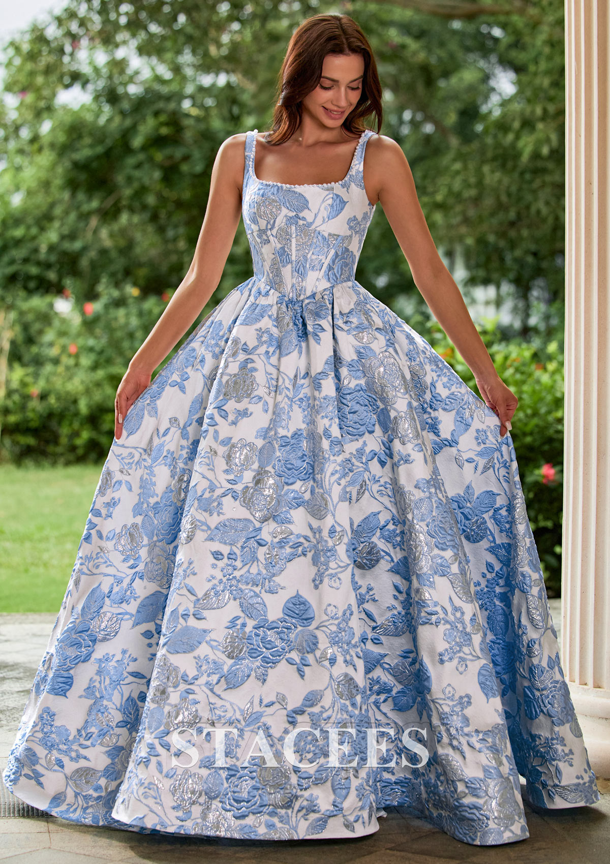 Floral Azul Cielo Vestido línea a vestido de gala cuello cuadrado brocado cola de barrido vestido de graduación - STACEES