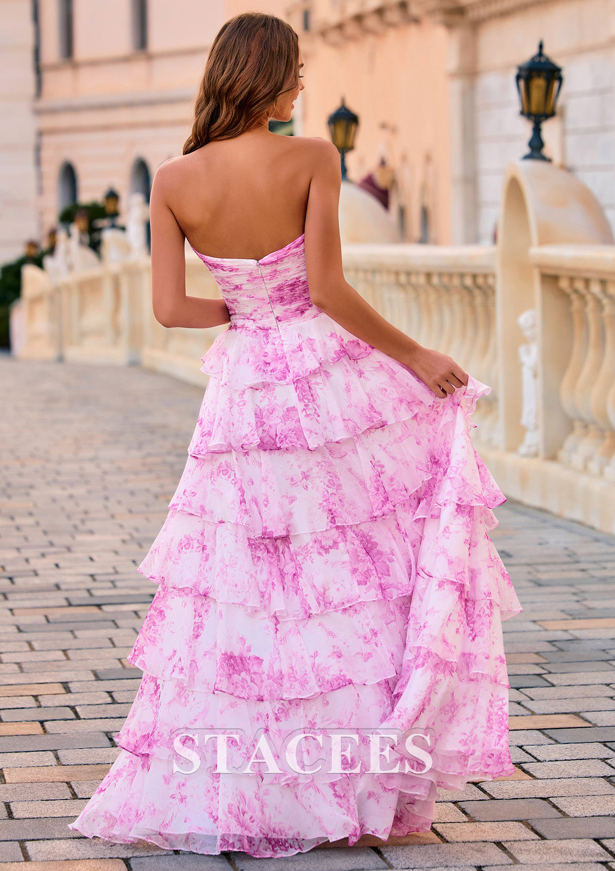 Floral rose bonbon Trapèze cache coeur mousseline longueur ras du sol robe de bal avec imprimé floral trou de serrure - STACEES