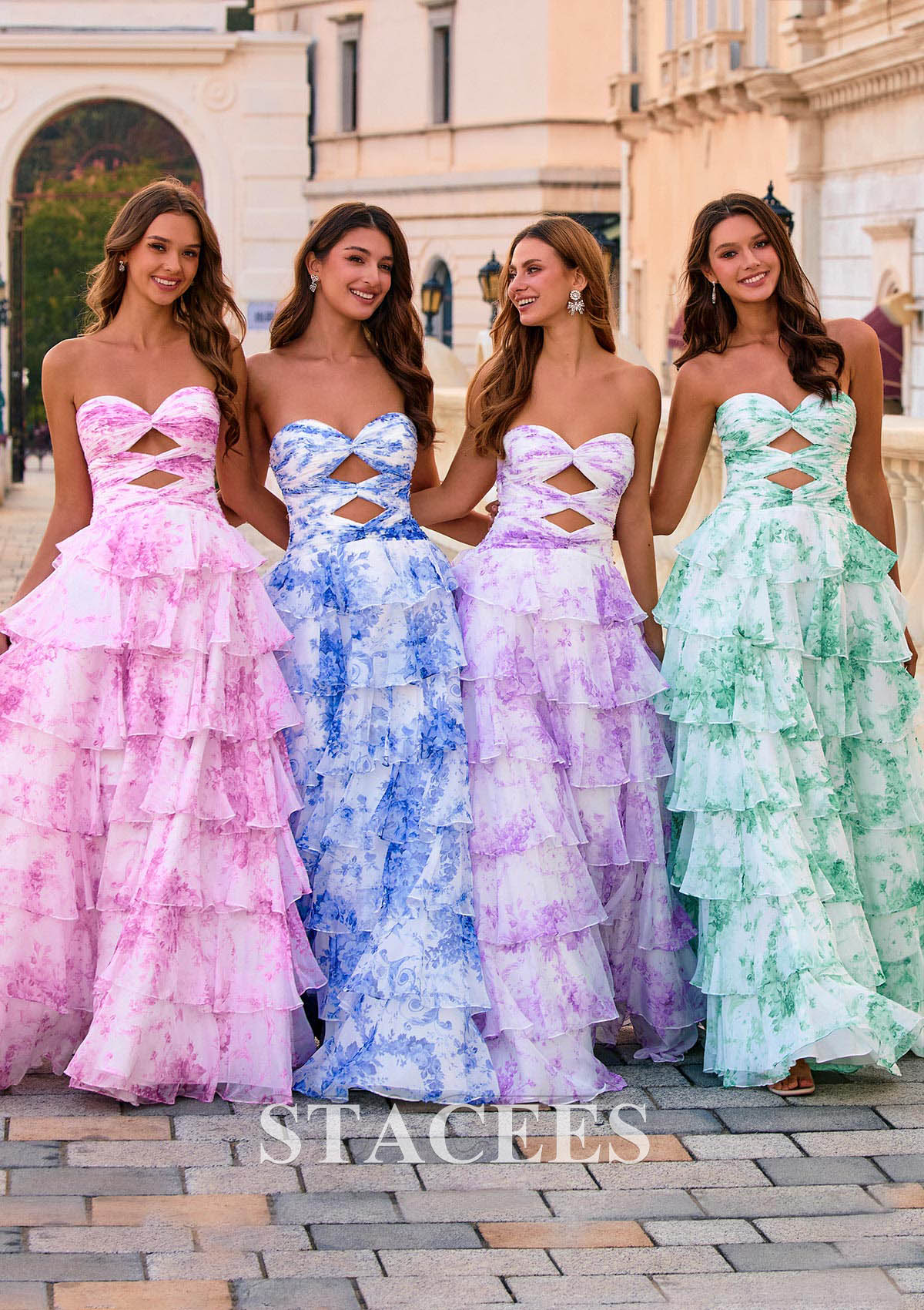 Floral rose bonbon Trapèze cache coeur mousseline longueur ras du sol robe de bal avec imprimé floral trou de serrure - STACEES