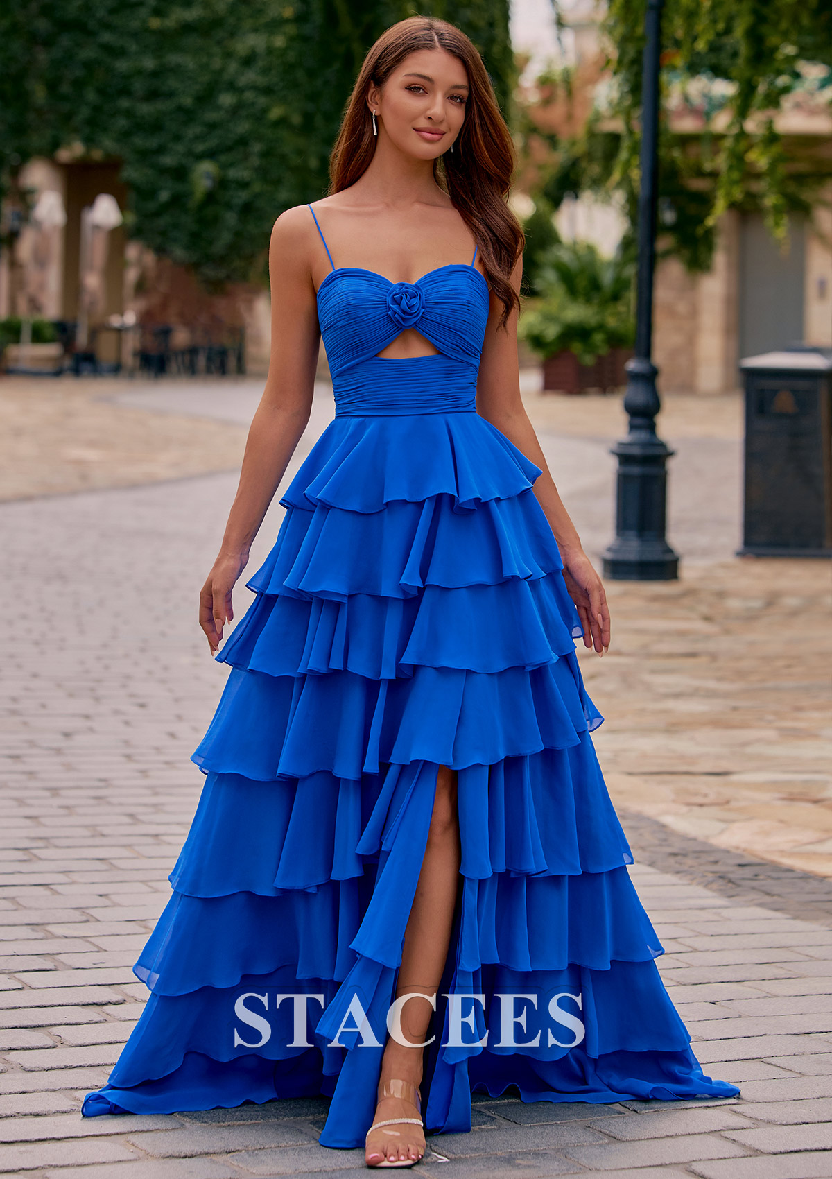 blue rose prom dress A-line Sweetheart Cutout Ruched Tiered Ruffle Chiffon with Slit S8886P - Prom Dresses Color:Black/Ivory Stripe