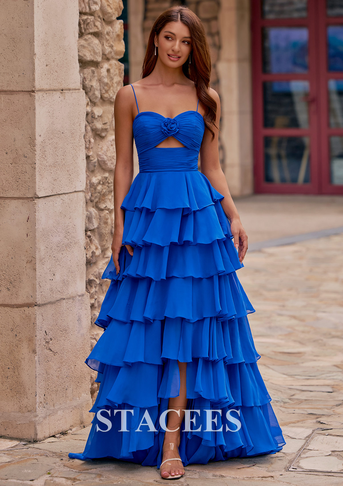 Ocean Blue A-line Rose Sweetheart Cutout Ruched Tiered Ruffle Chiffon Prom Dress with Slit - STACEES